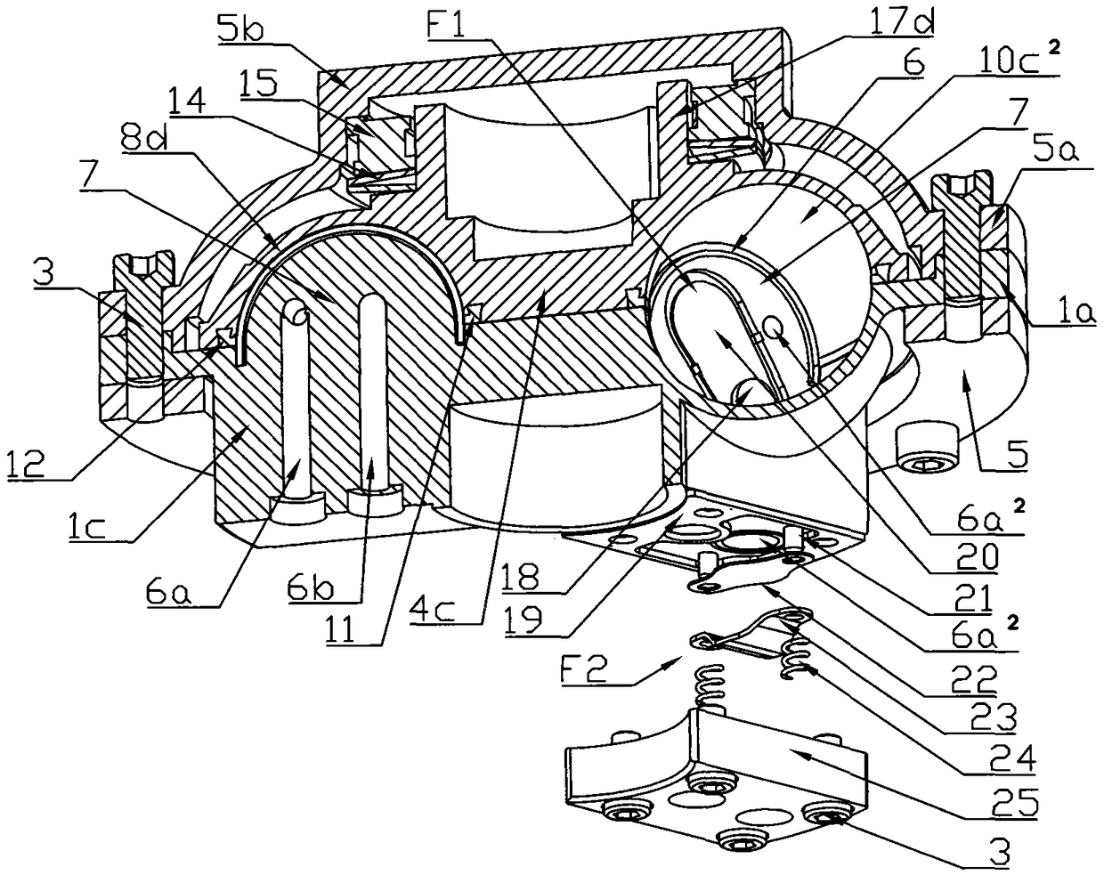 Tray piston rocking pressure fluid machine driven by pallet piston rocking actuator