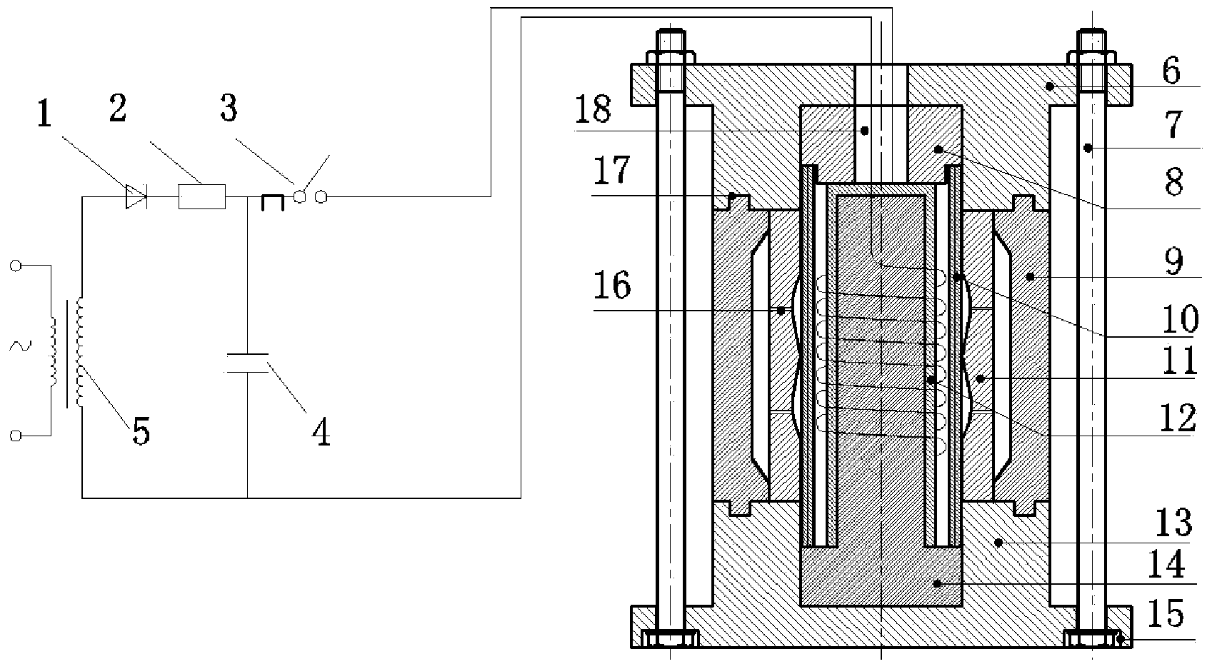 Composite corrugated pipe forming device based on electromagnetic forming