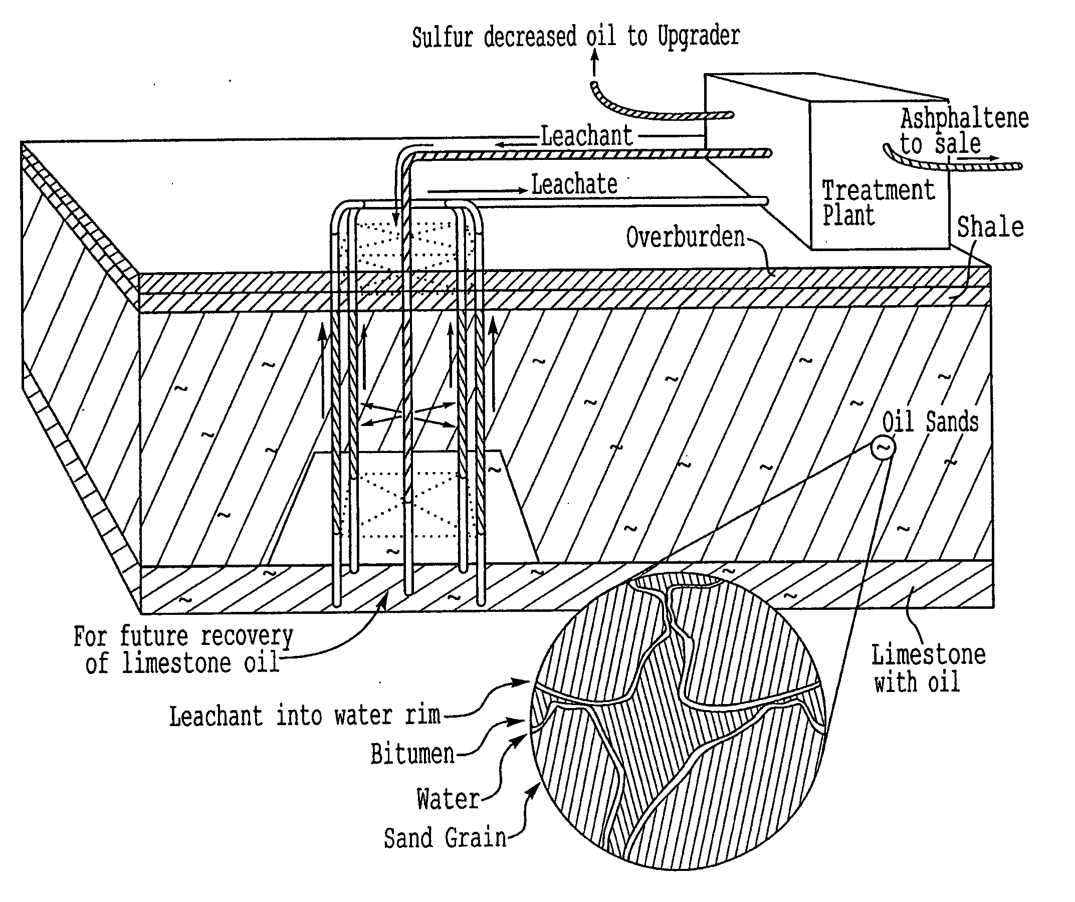 Leach recovery of oil from oil sands and like host materials