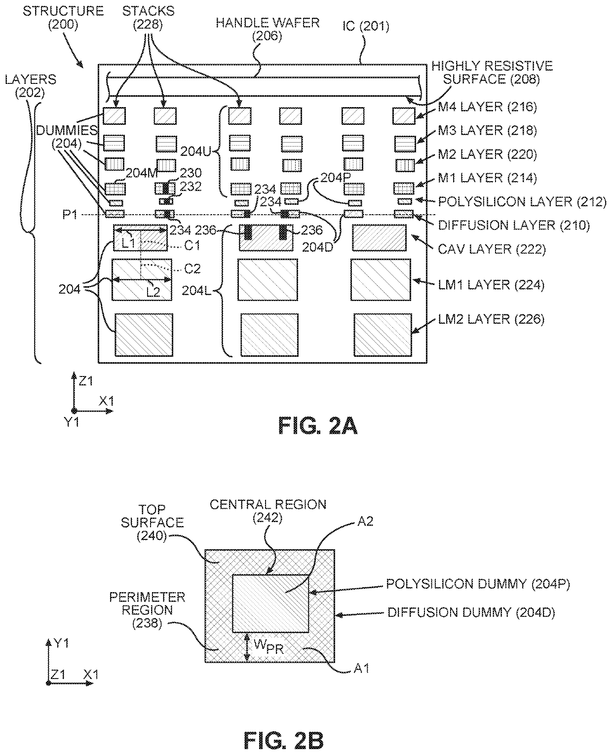 Vertically-aligned and conductive dummies in integrated circuit layers for capacitance reduction and bias independence and methods of manufacture