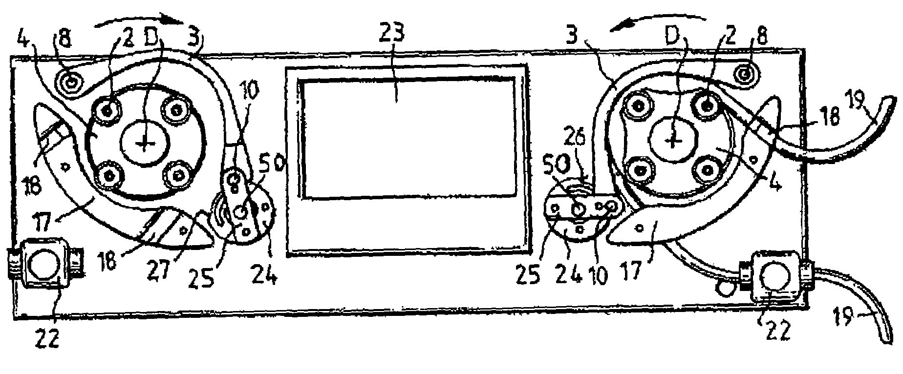 Peristalic pump having hinged backing plate