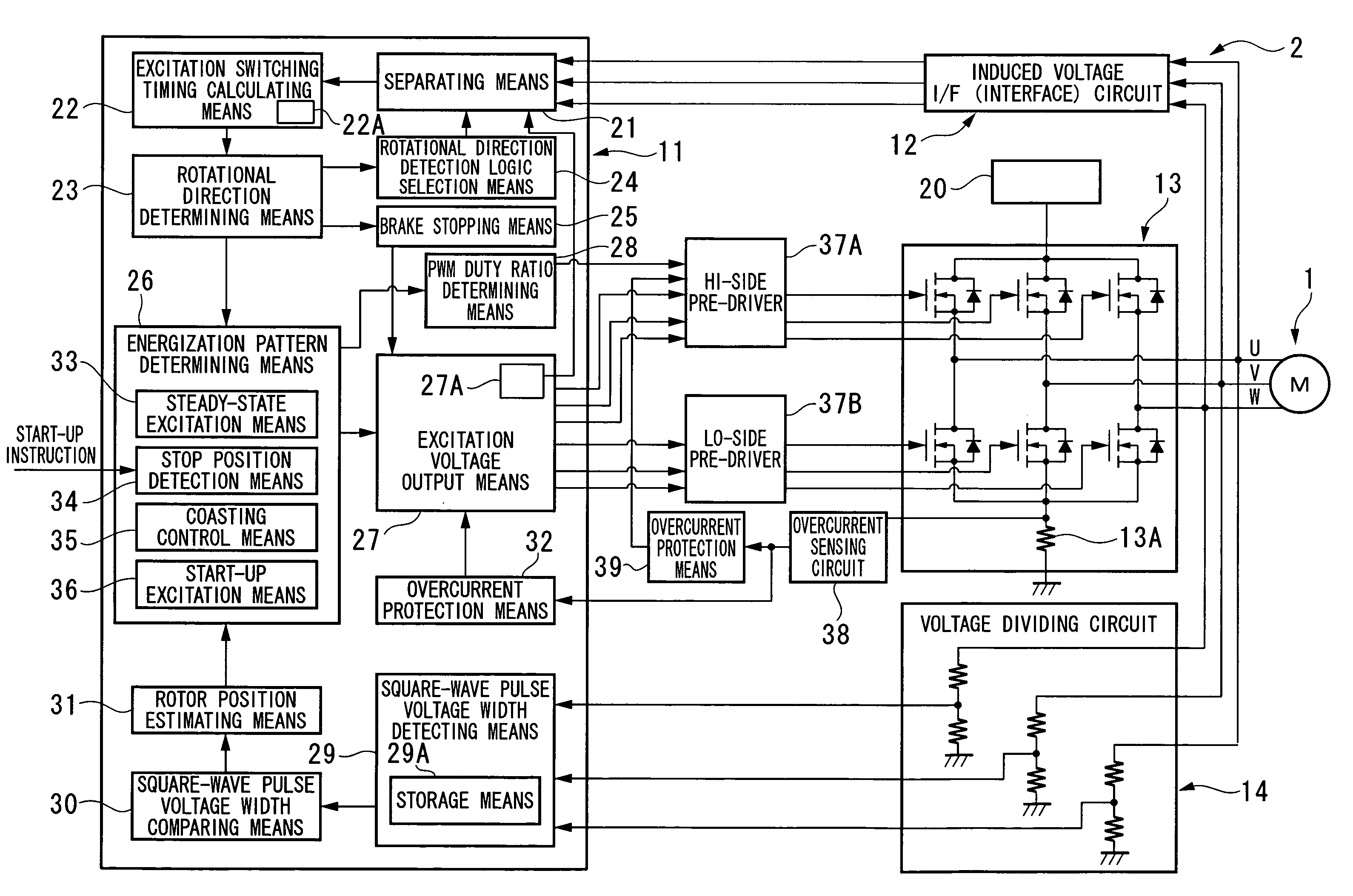 Brushless motor driving device, brushless motor starting method, and method of detecting rotor stop position of brushless motor