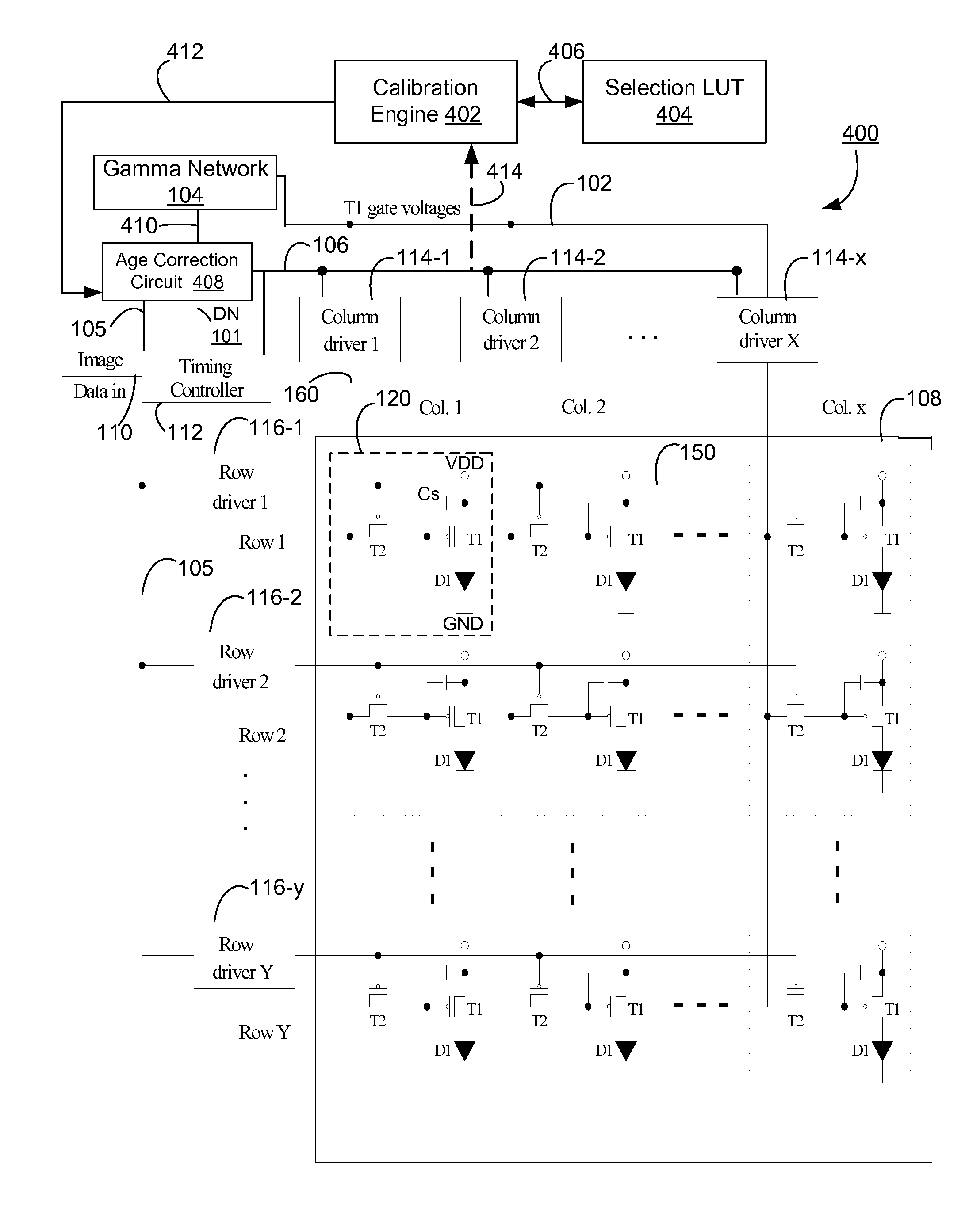 Emission control in aged active matrix OLED display using voltage ratio or current ratio