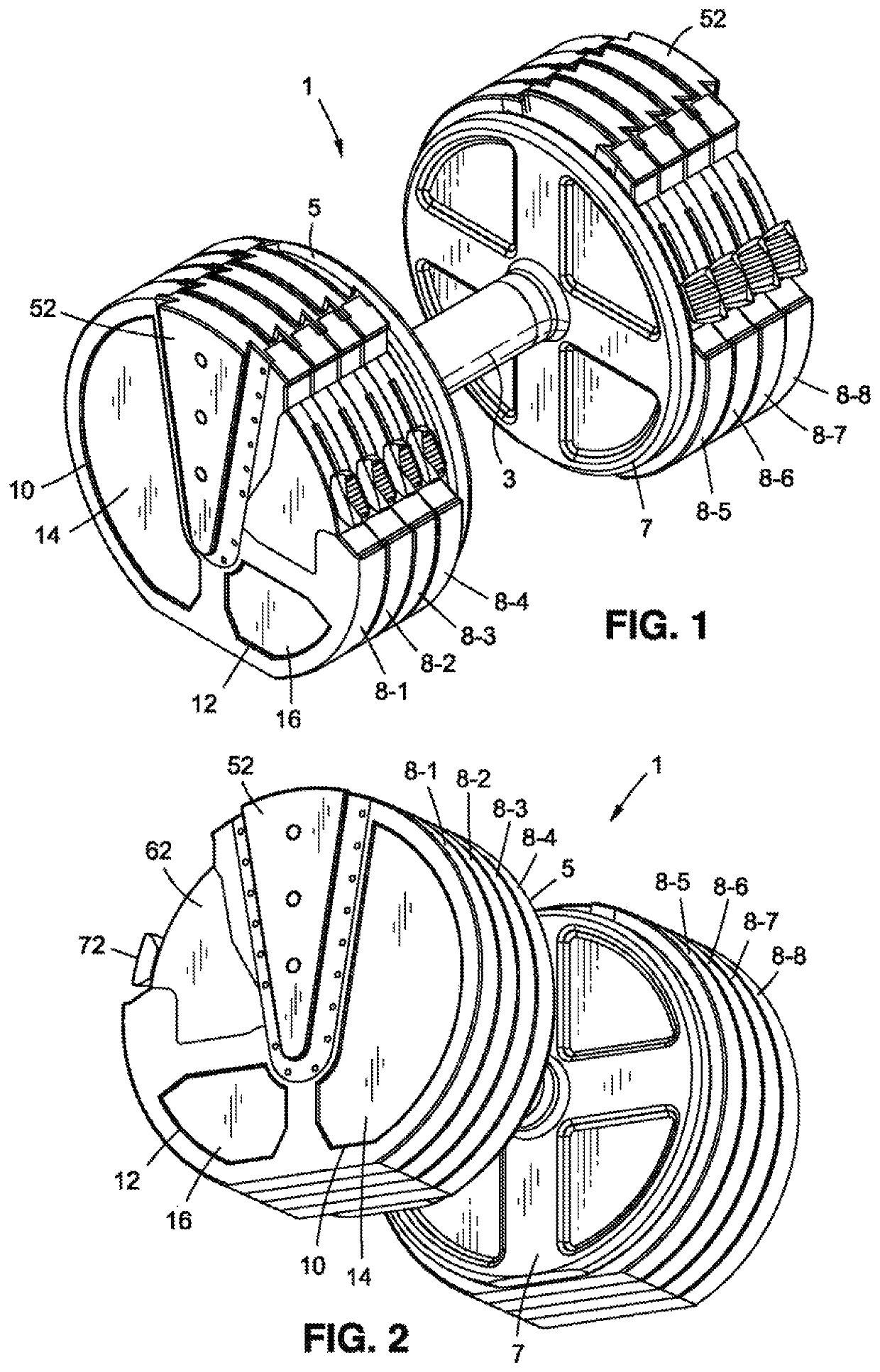 Dumbbell weight training device having selectively connected weight plates