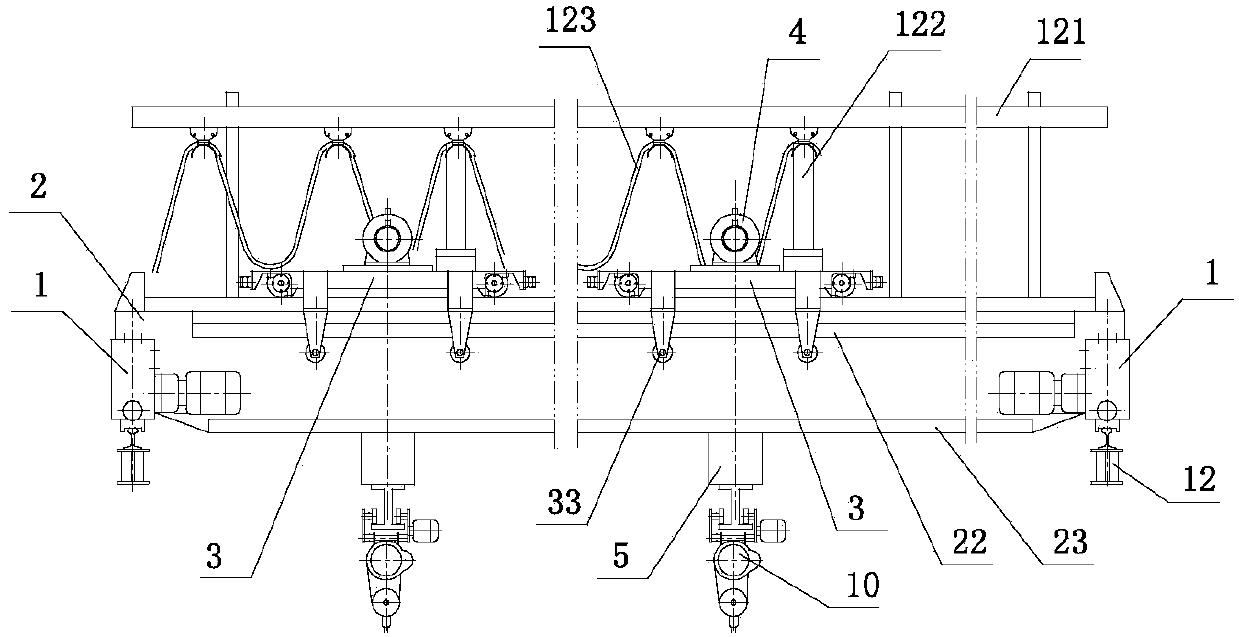 Bridge cantilever crane with two travelling trolleys and anti-tipping end beams