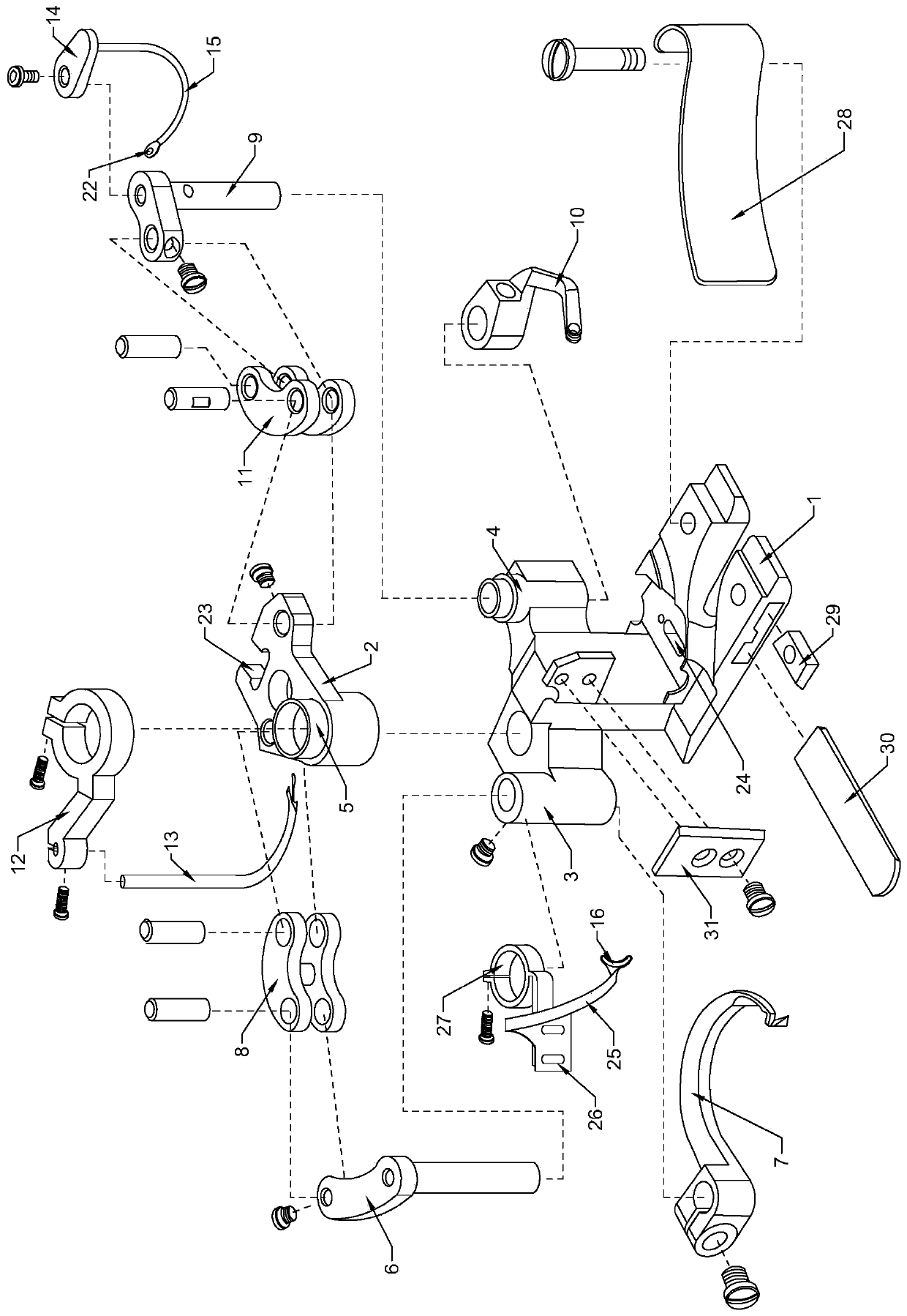 Double stitching needle and thread presser foot device for crank arm type sewing machine