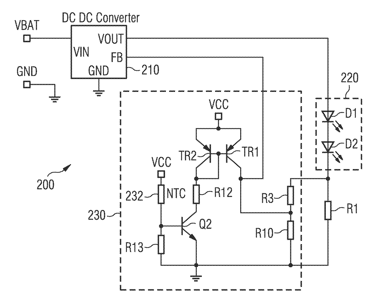 Thermal management and power supply control system for at least one light source