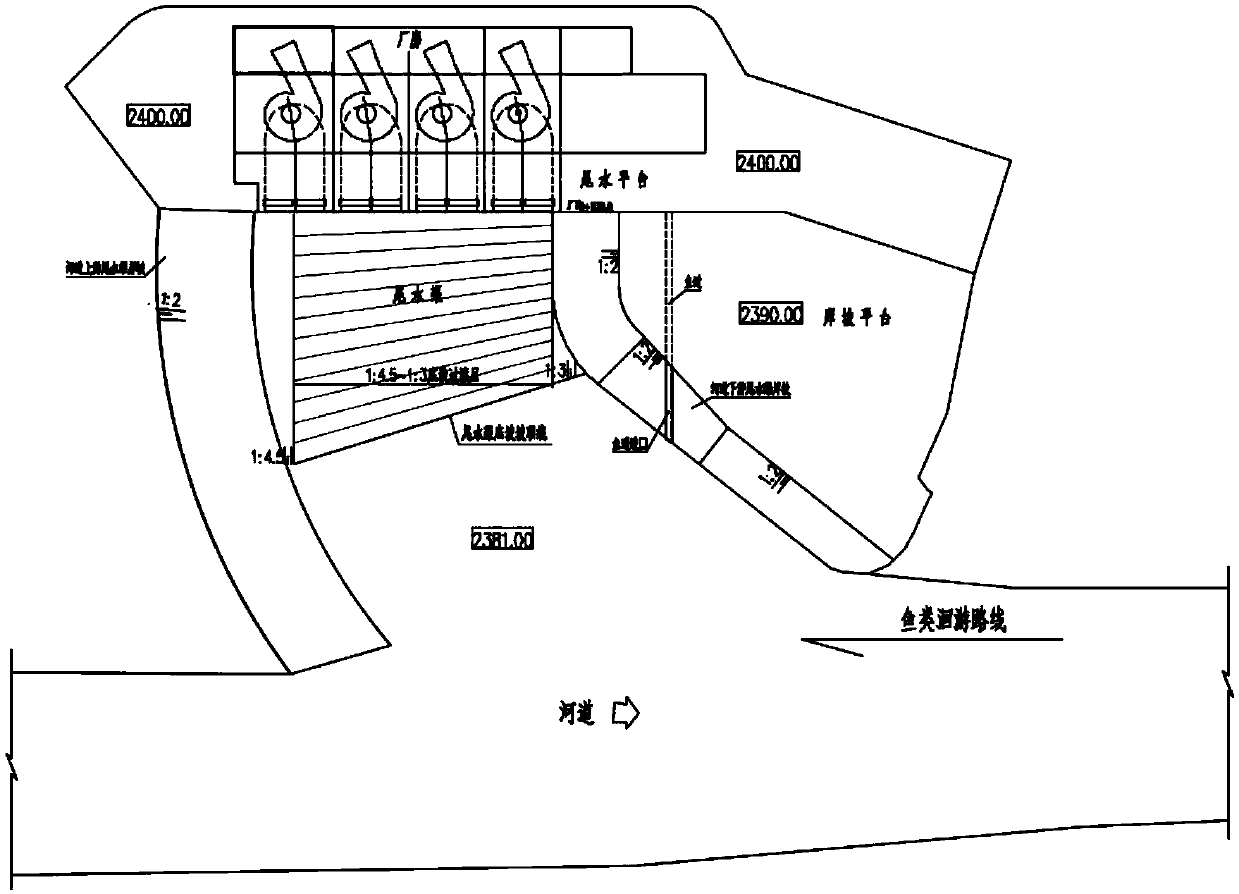 Hydropower house tail water channel bottom slope structure facilitating fish migration