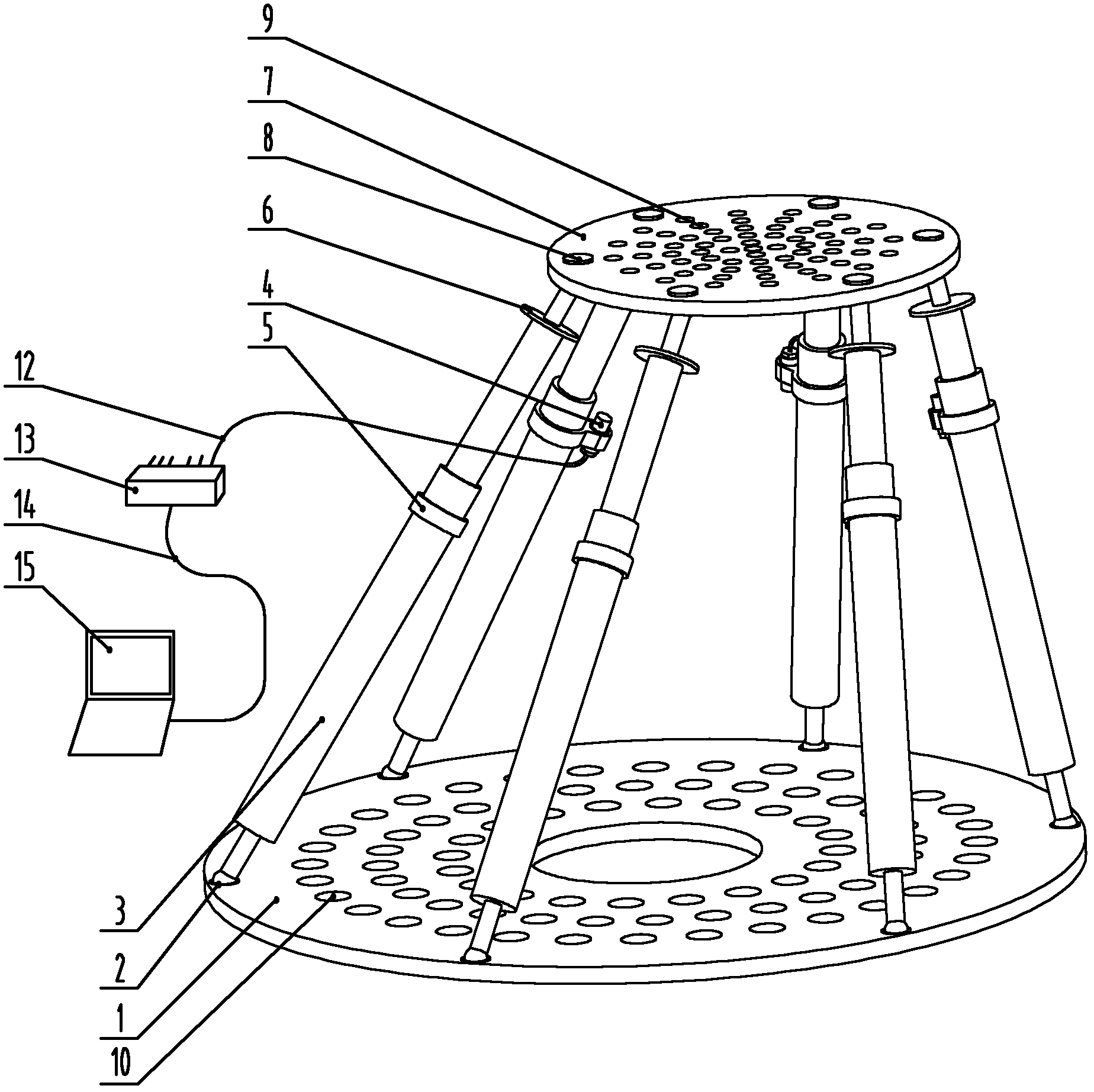 Telescopic parallel pull rod type device used for measuring spatial six-degree-of-freedom motion