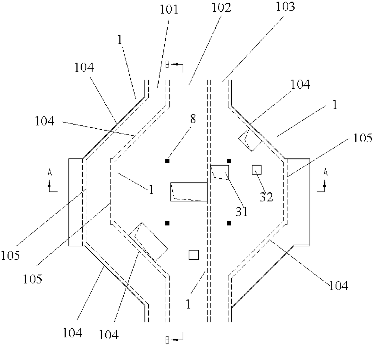 Reinforcing steel bar structure for intersection of three compartments of pipe galleries