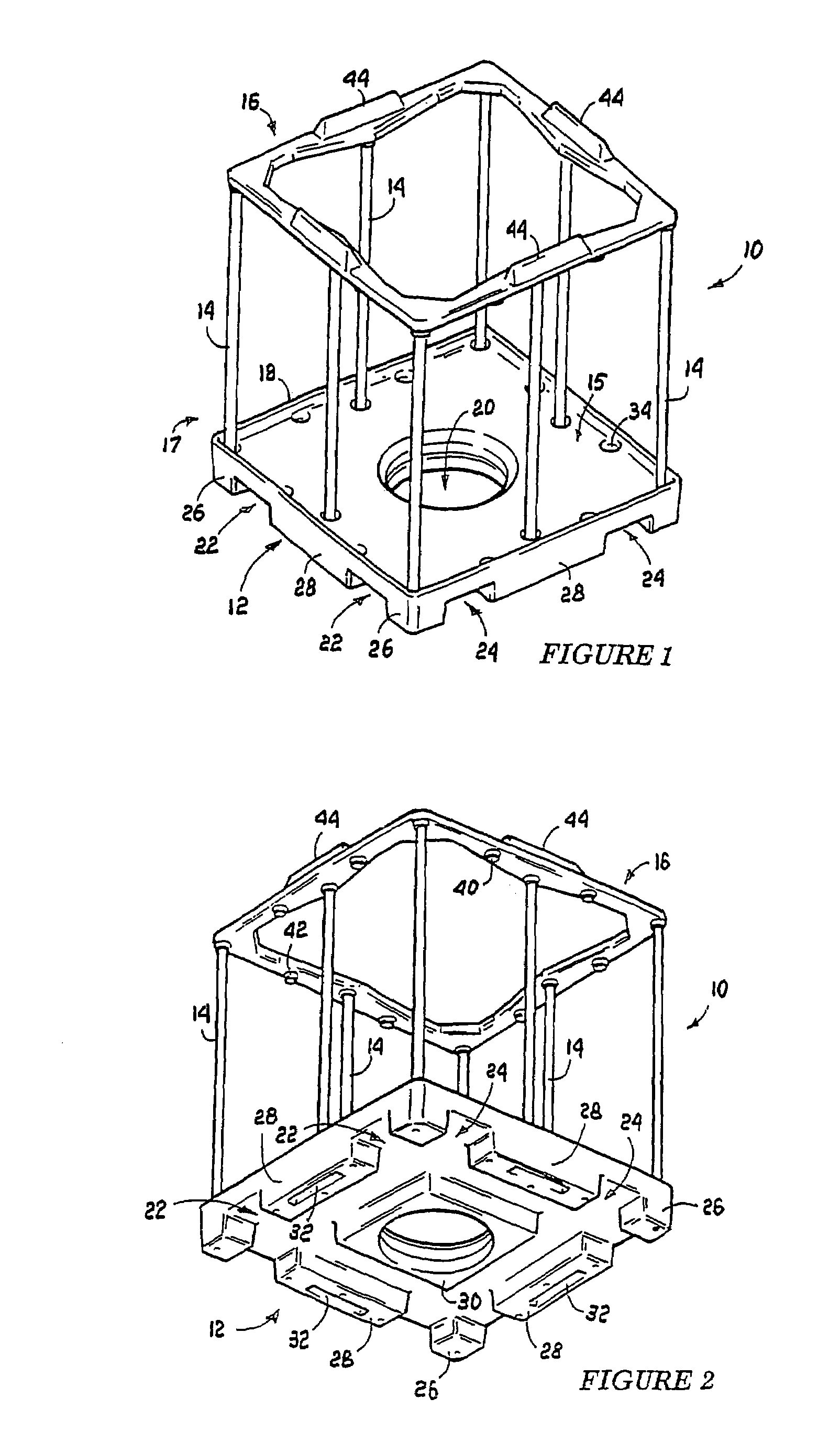 Intermediate bulk container with pallet and pole supported upper member