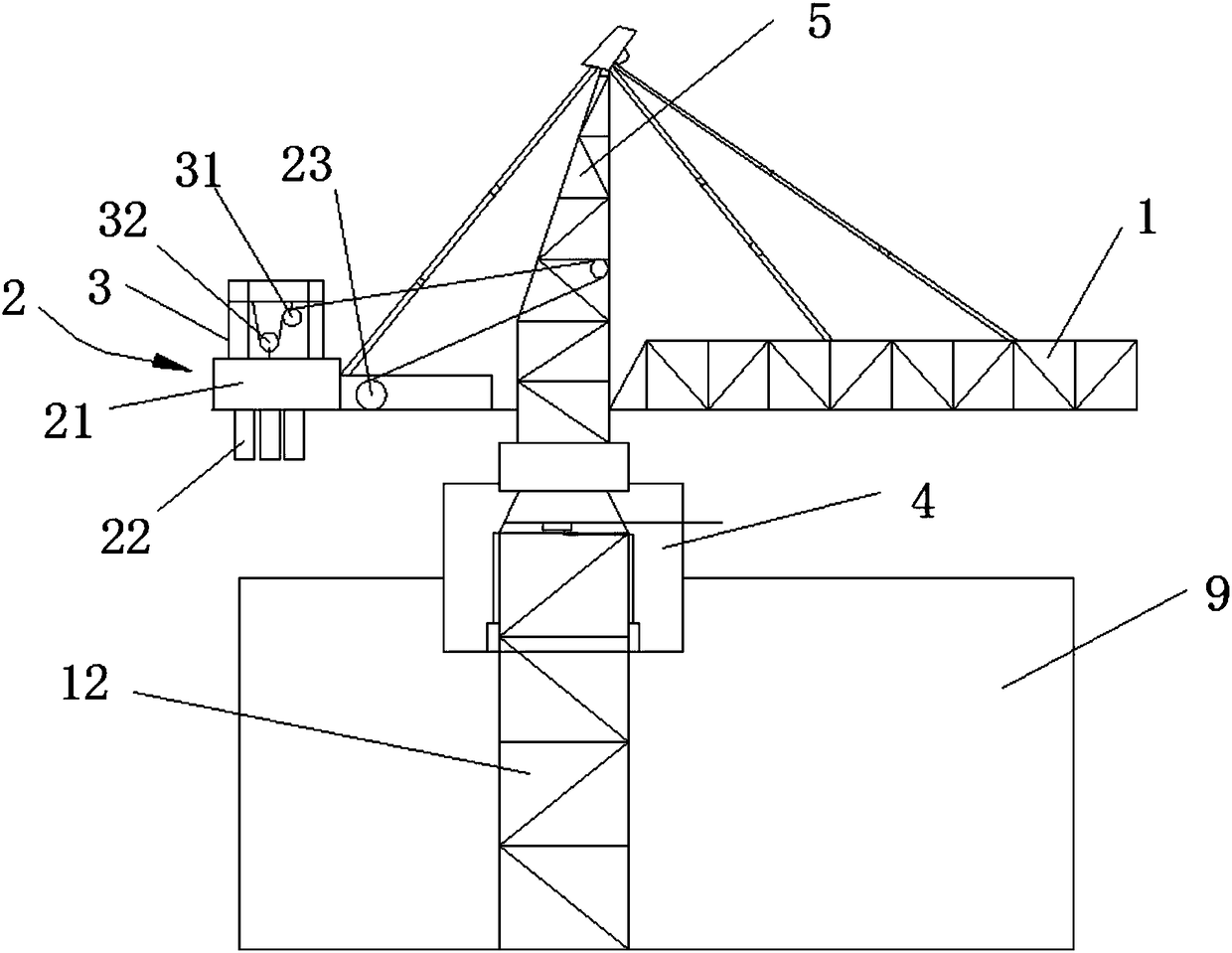 Disassembling method of adhesion type tower crane under narrow terrain