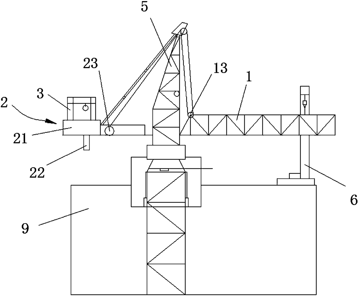 Disassembling method of adhesion type tower crane under narrow terrain