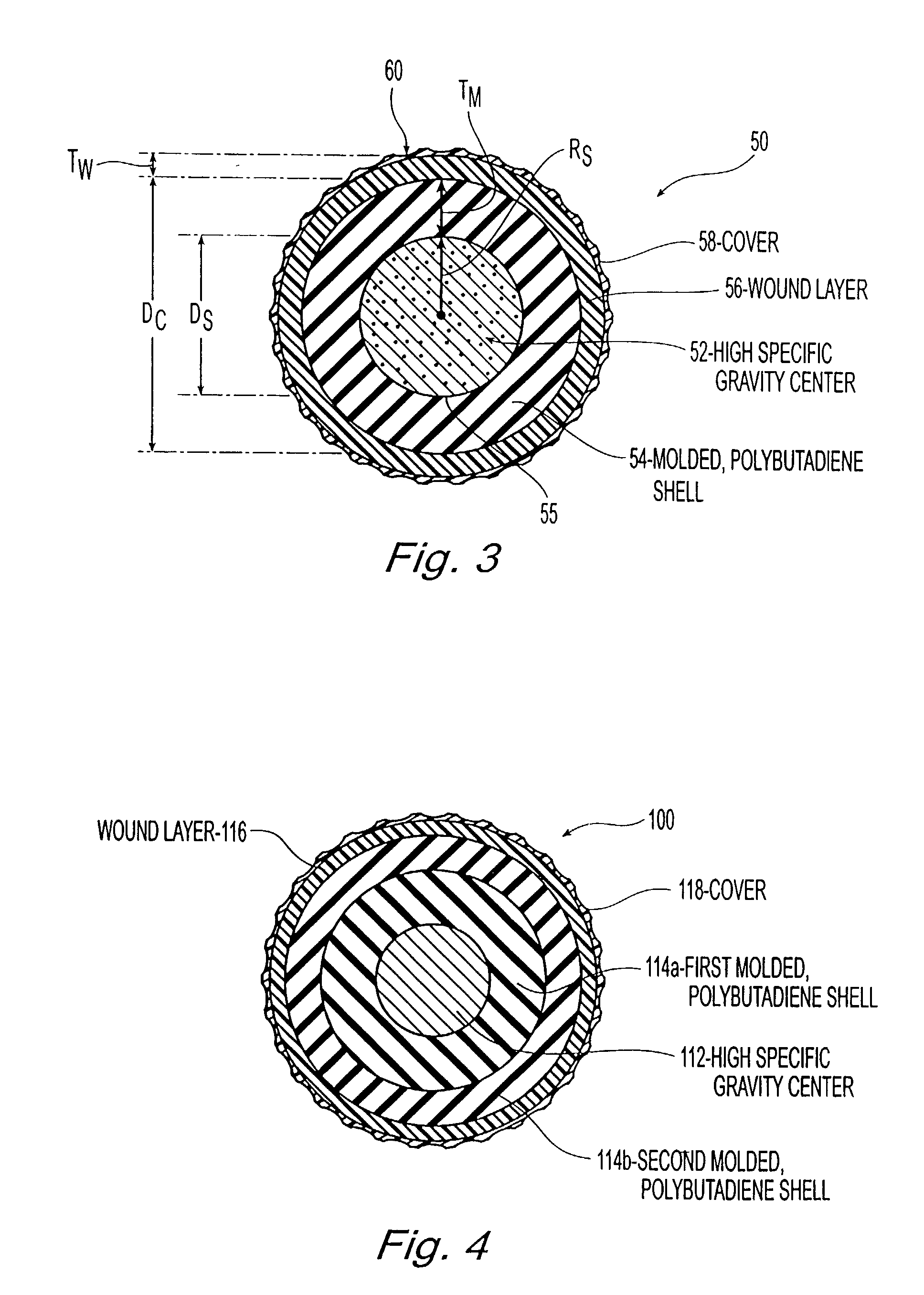 Wound golf balls with high specific gravity centers