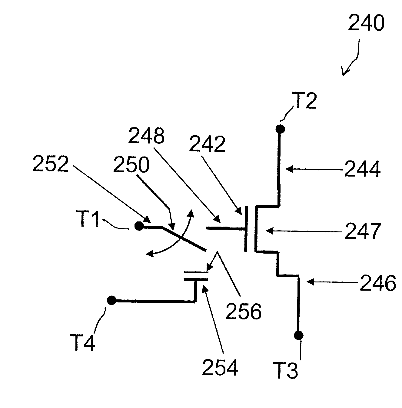 Field effect devices having a gate controlled via a nanotube switching element