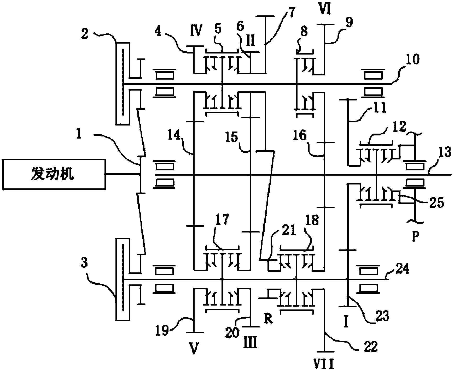 Transmission with three shafts and two clutches