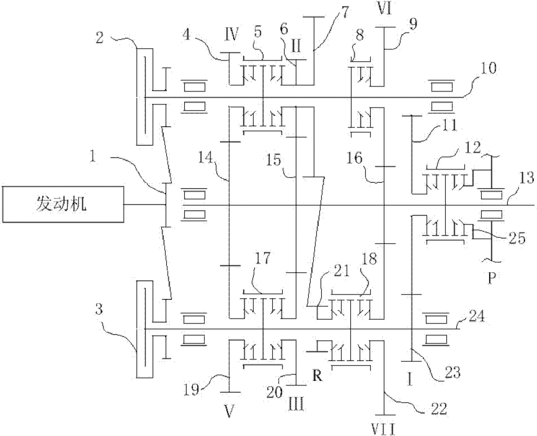 Transmission with three shafts and two clutches