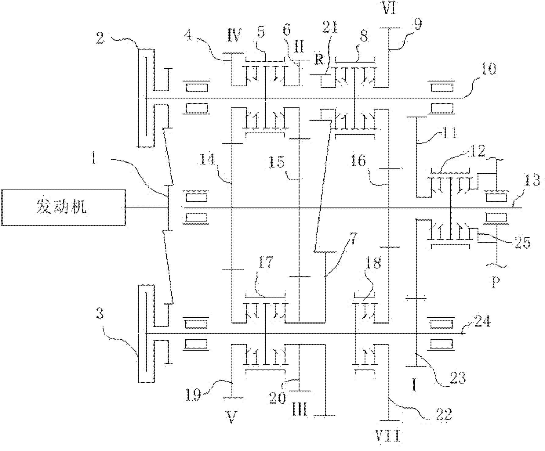 Transmission with three shafts and two clutches