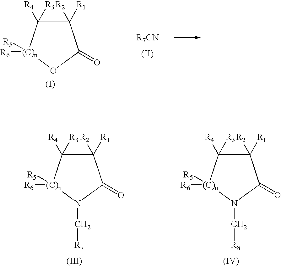 Production of N-(methyl aryl)-2-lactam, N-(methyl cycloalkyl)-2-lactam and N-alkyl-2-lactam by reductive amination of lactones with aryl and alkyl cyano compounds