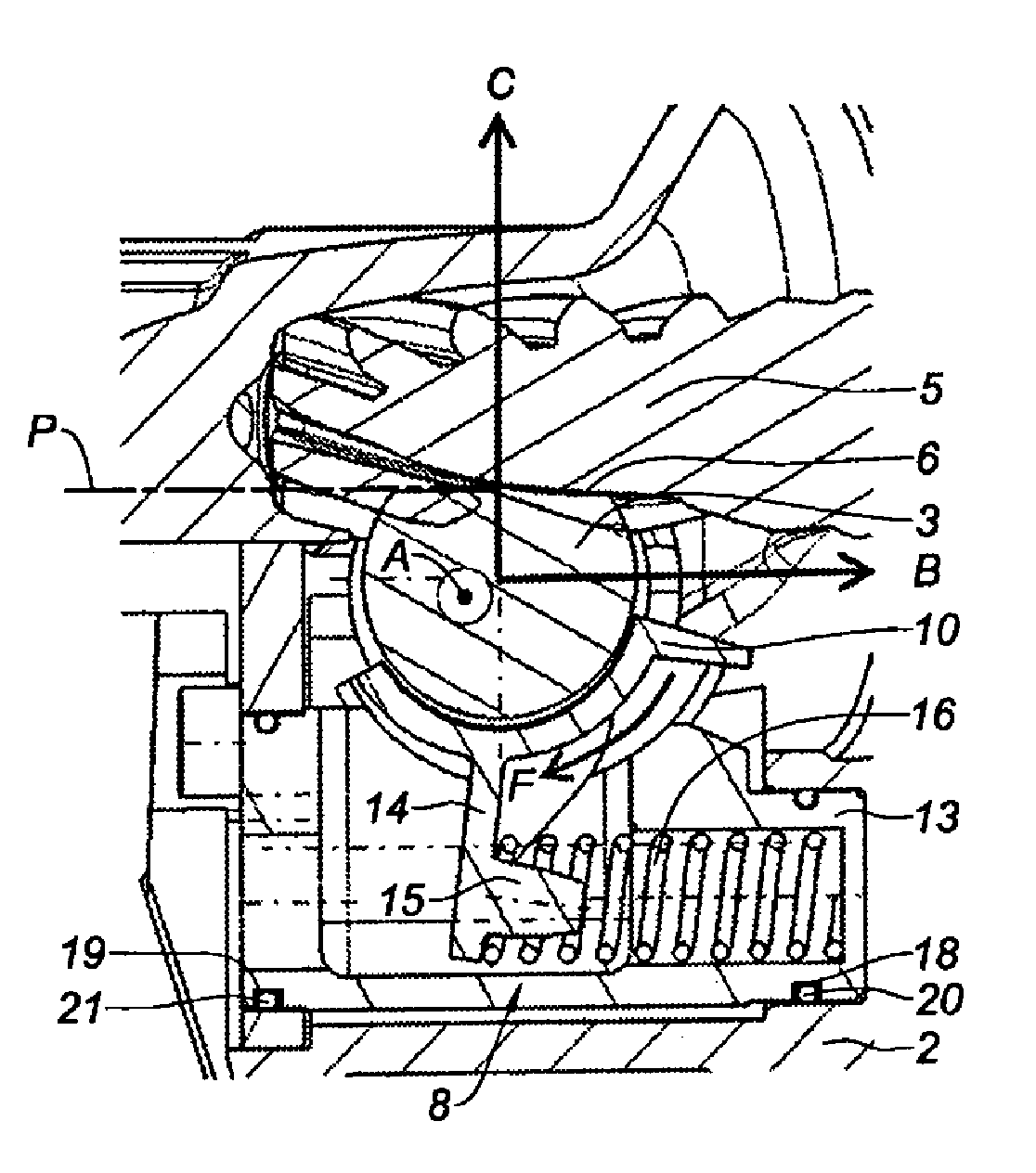 Off-centred pusher device for steering an automobile