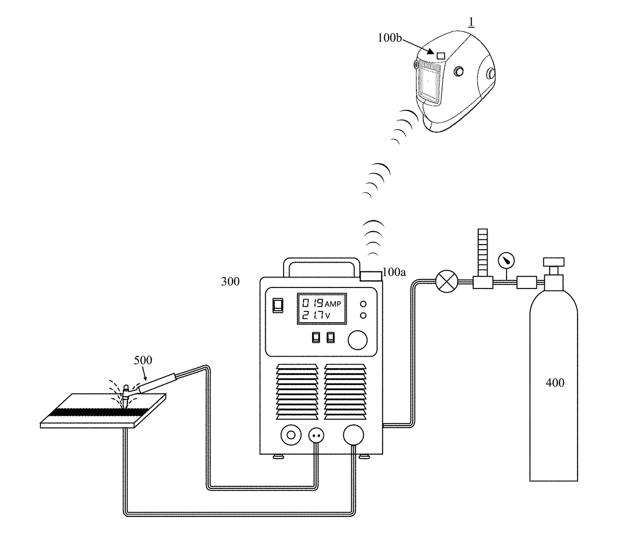 Wireless projector-type welding helmet and welding machine equipped with the same