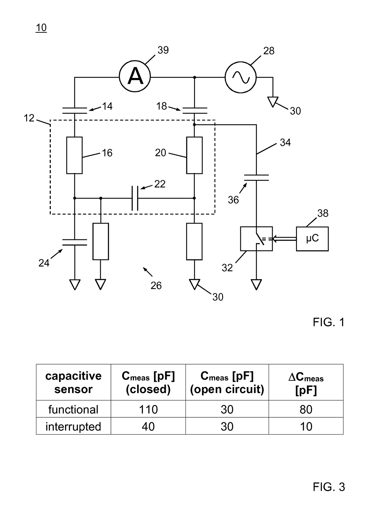 Capacitive sensing system with hardware diagnostics concept for detection of sensor interruption