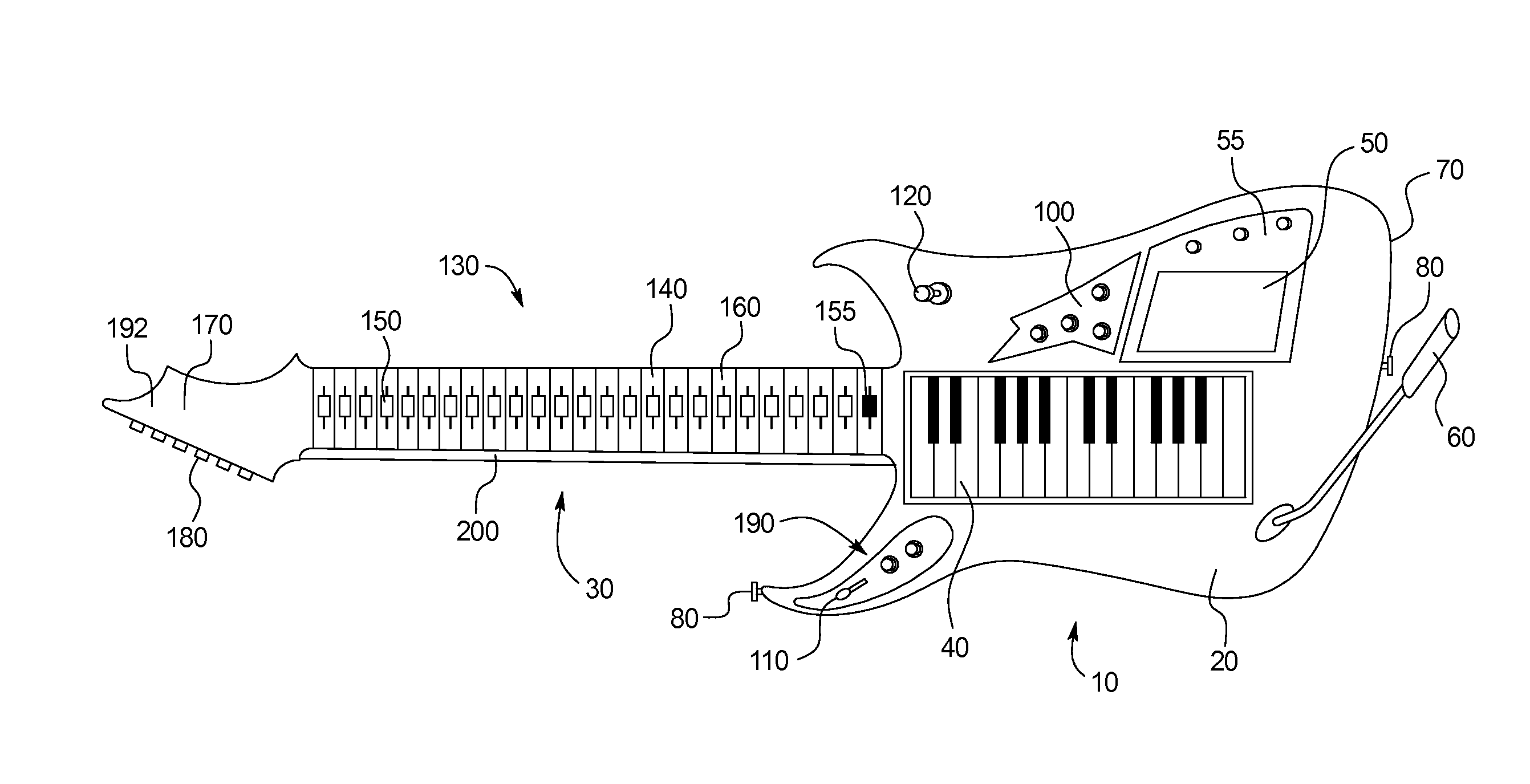 Keyboard guitar including transpose buttons to control tuning