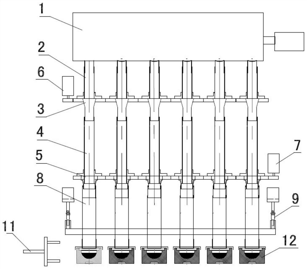 A powder-adding dimple-making device for preforming the lower half mold of the fuel-free area of ​​a spherical fuel element