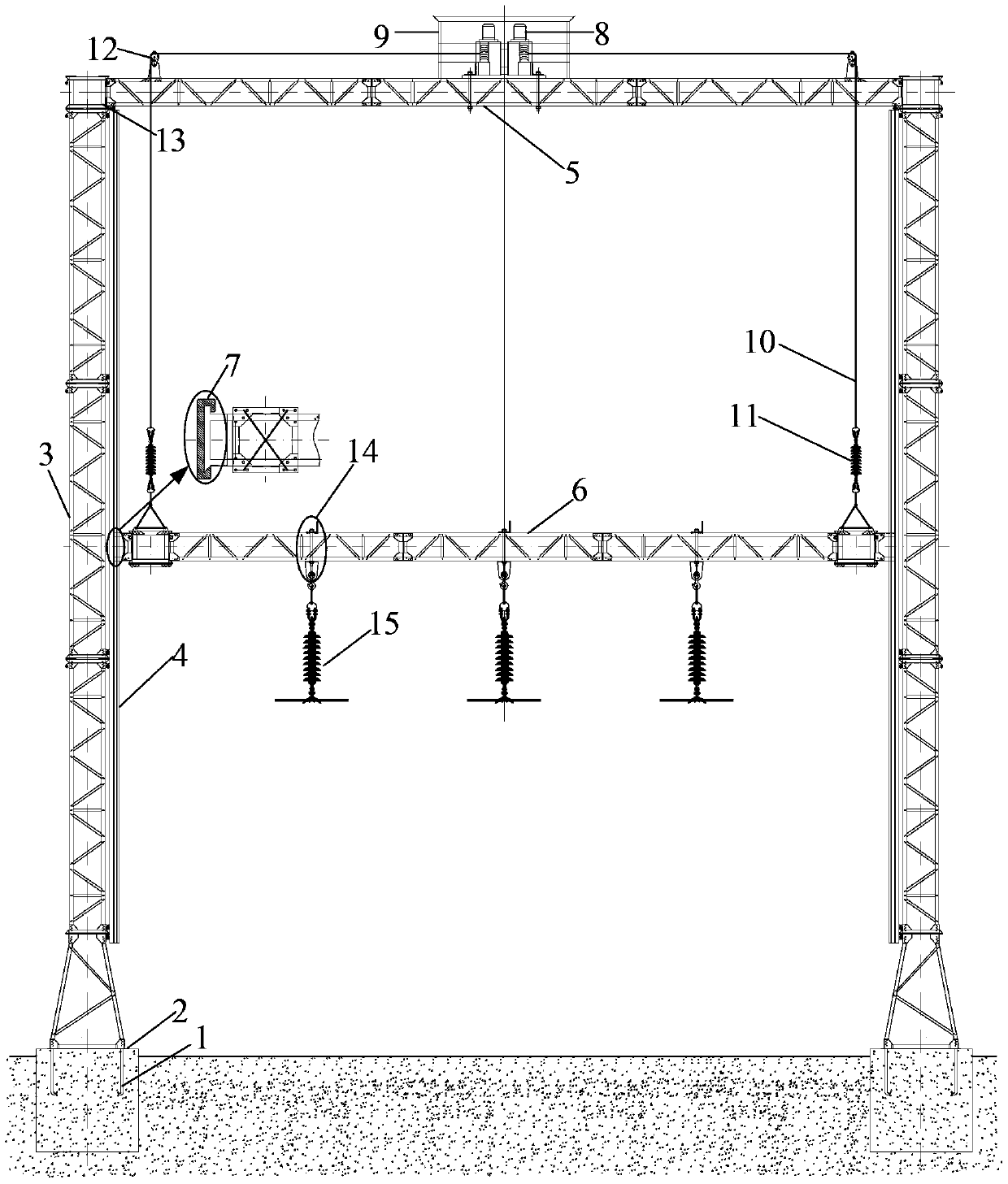 A portable test tower for testing the high-voltage performance of transmission line insulator strings