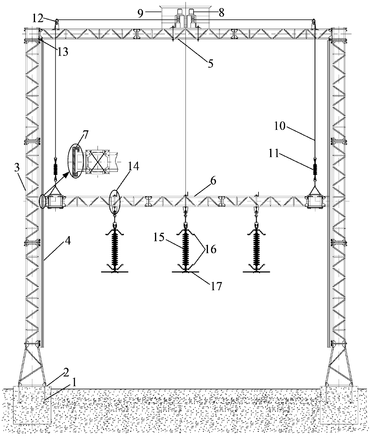 A portable test tower for testing the high-voltage performance of transmission line insulator strings