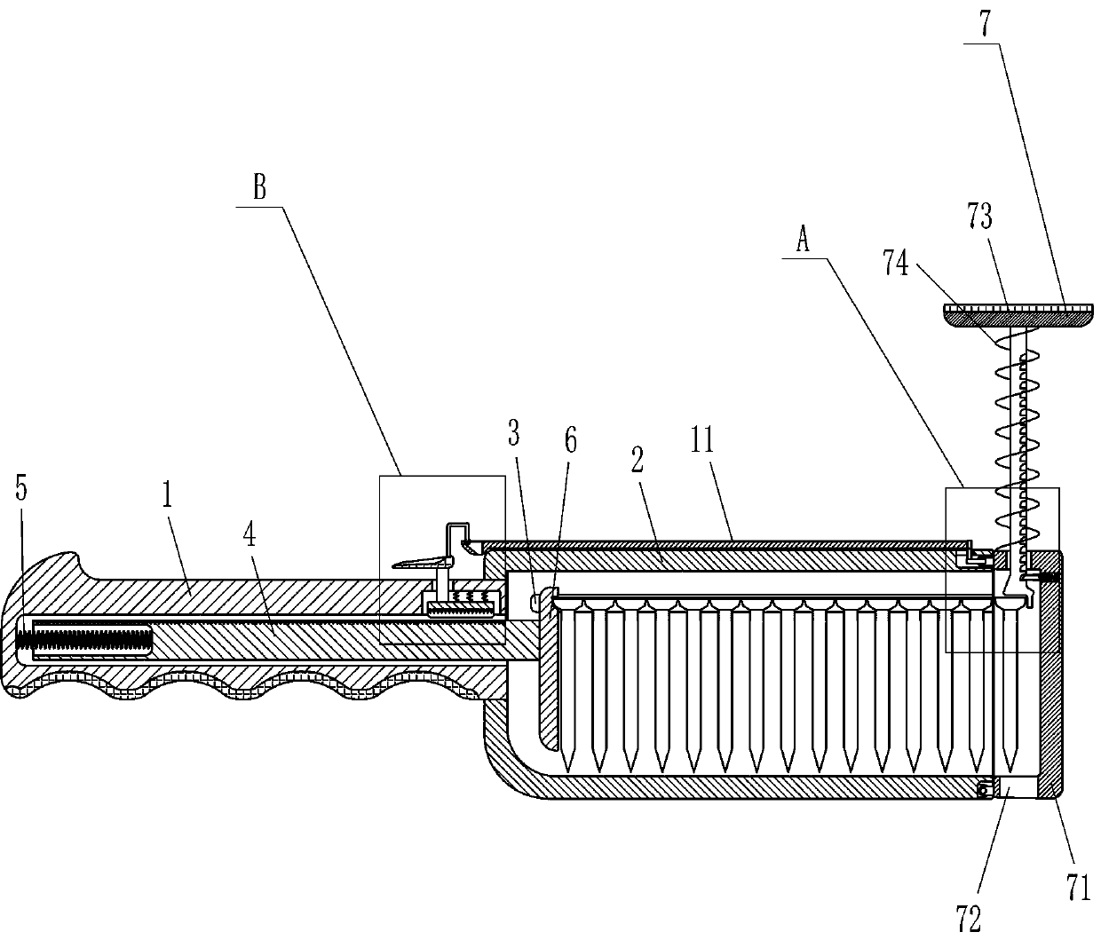 Nail discharging device for fixedly connecting building formworks