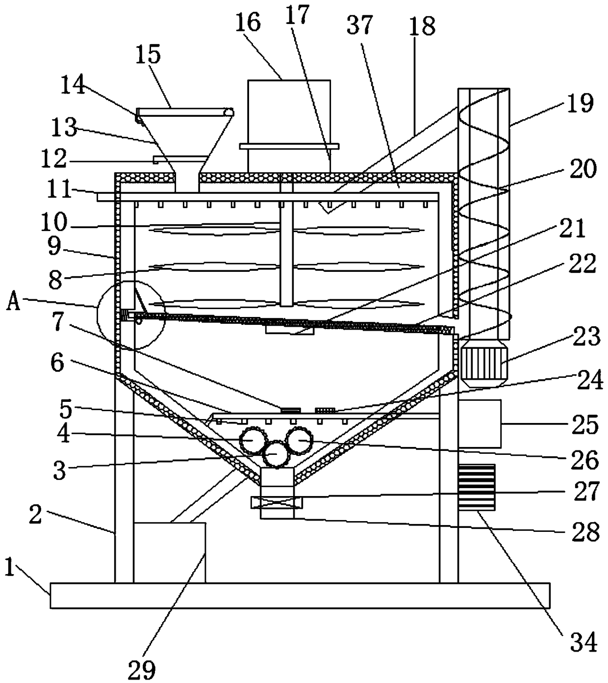 Efficient raw material crushing device for pharmaceutical production and processing