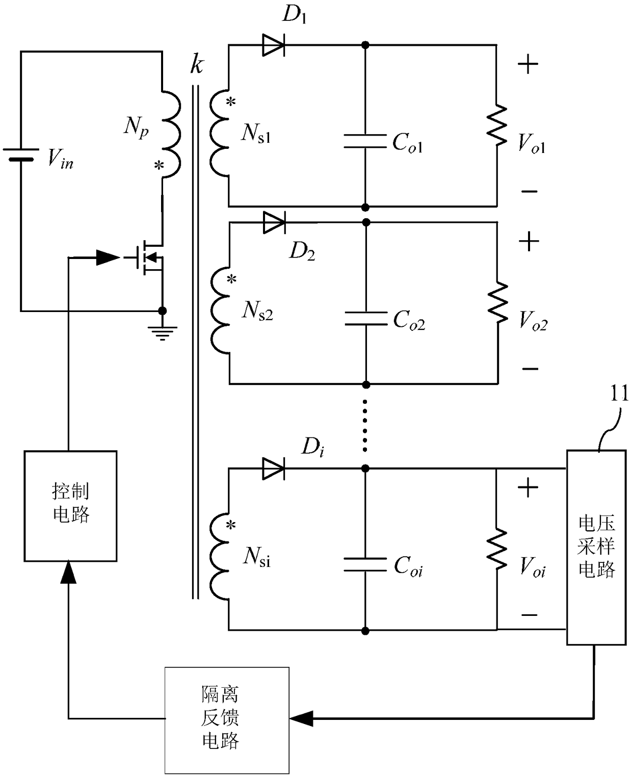 Multiple Output Flyback Converter, Motor Driver and New Energy Vehicle