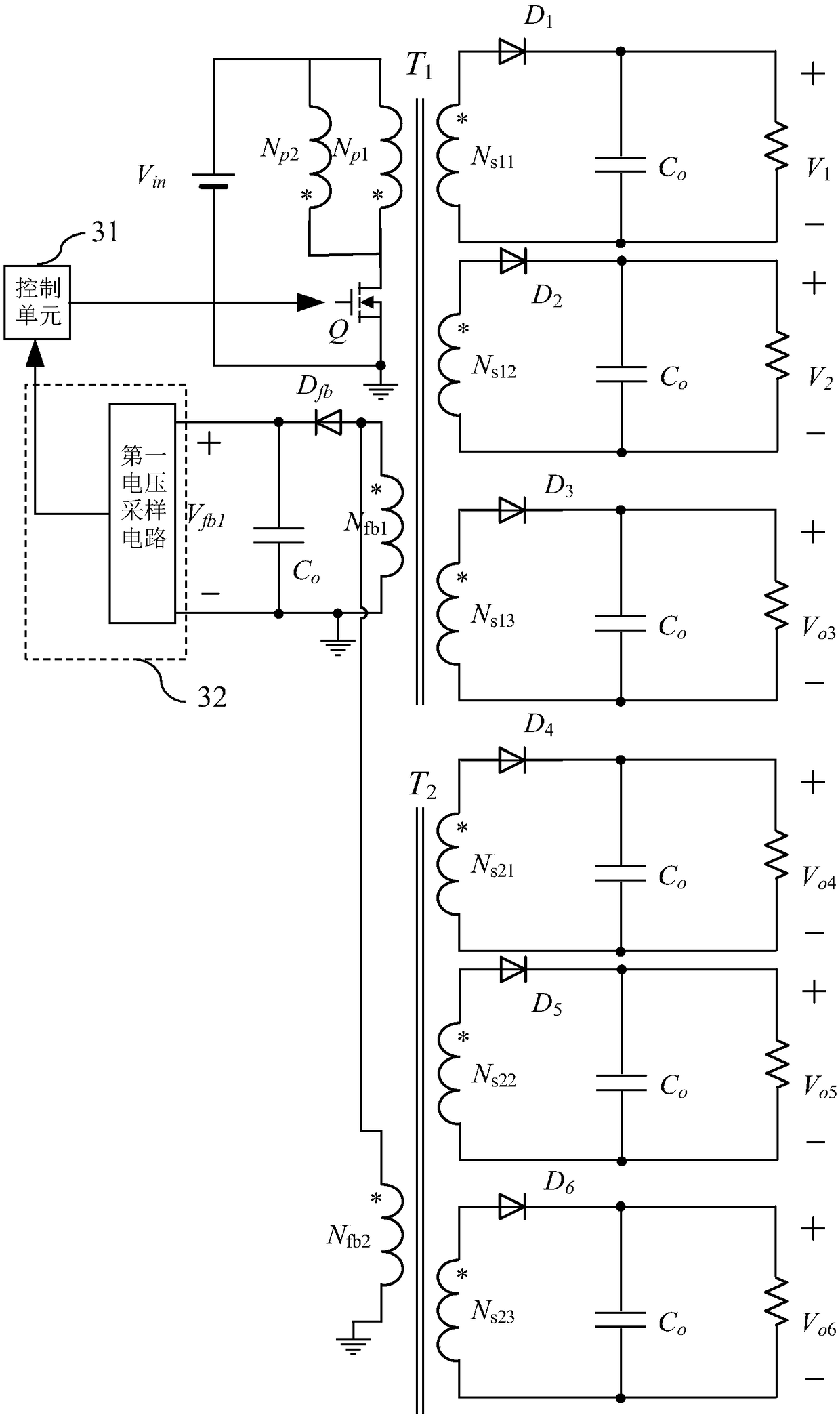 Multiple Output Flyback Converter, Motor Driver and New Energy Vehicle