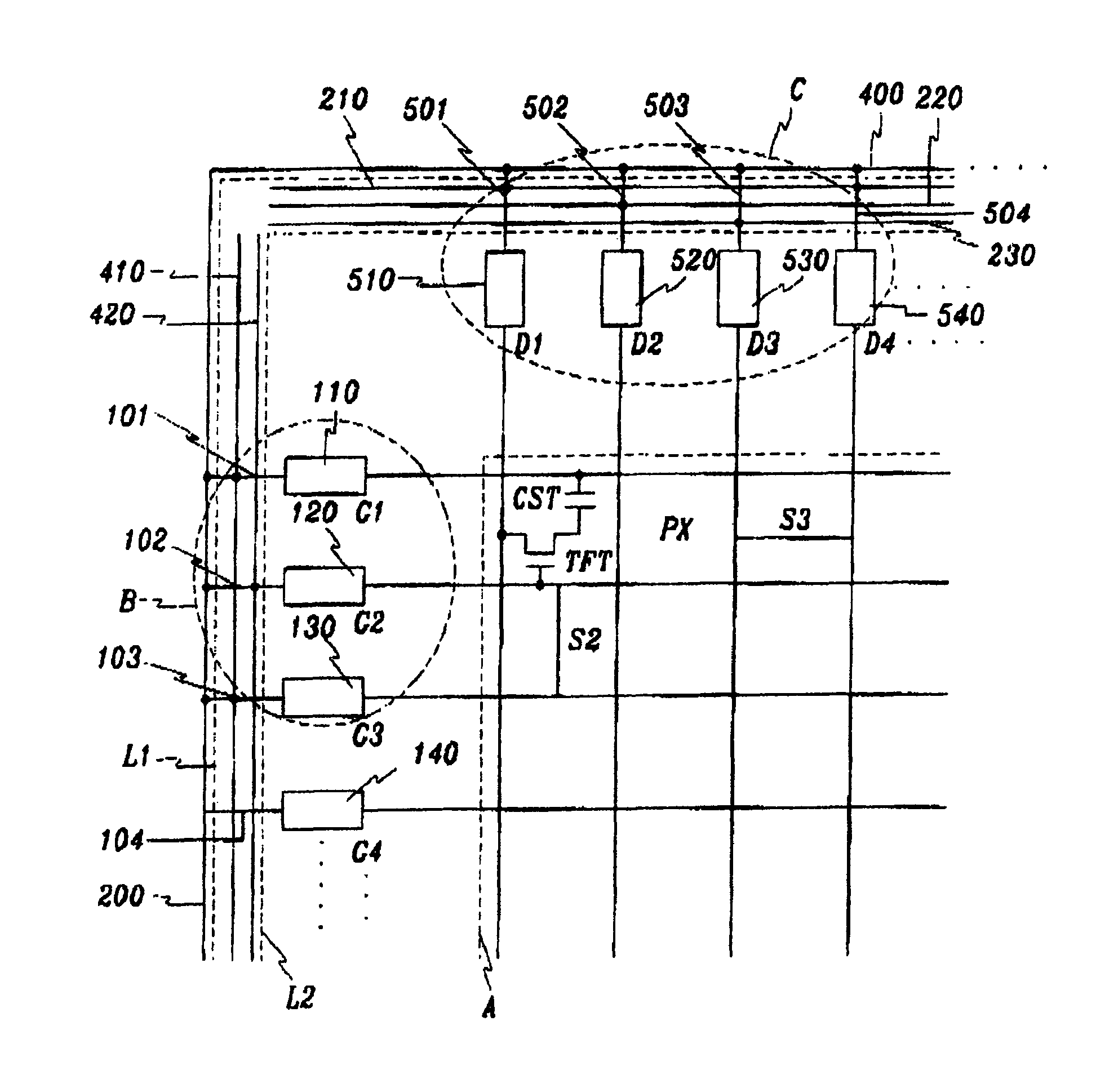 Multiple testing bars for testing liquid crystal display and method thereof