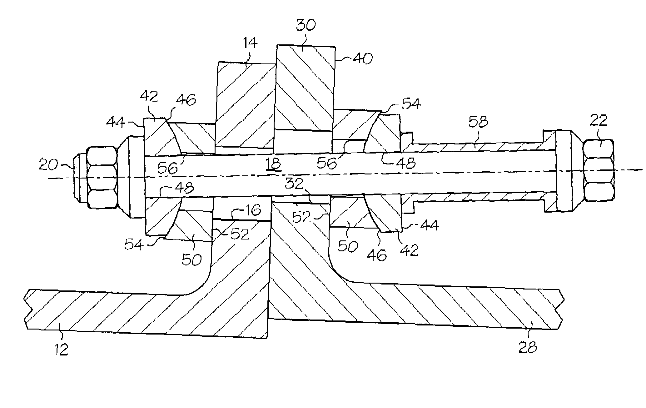 Bolting arrangement including a two-piece washer for minimizing bolt bending