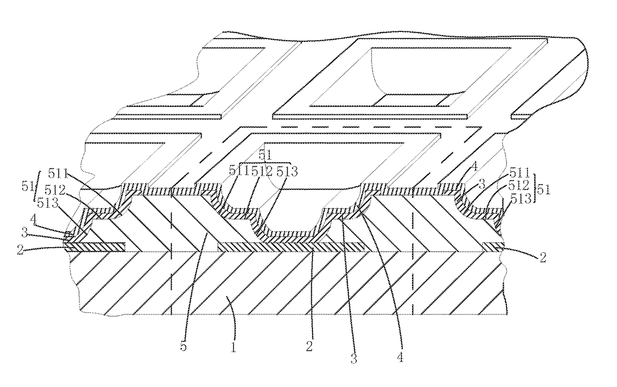 OLED display device having pixel separation layer sidewall comprising curved sections