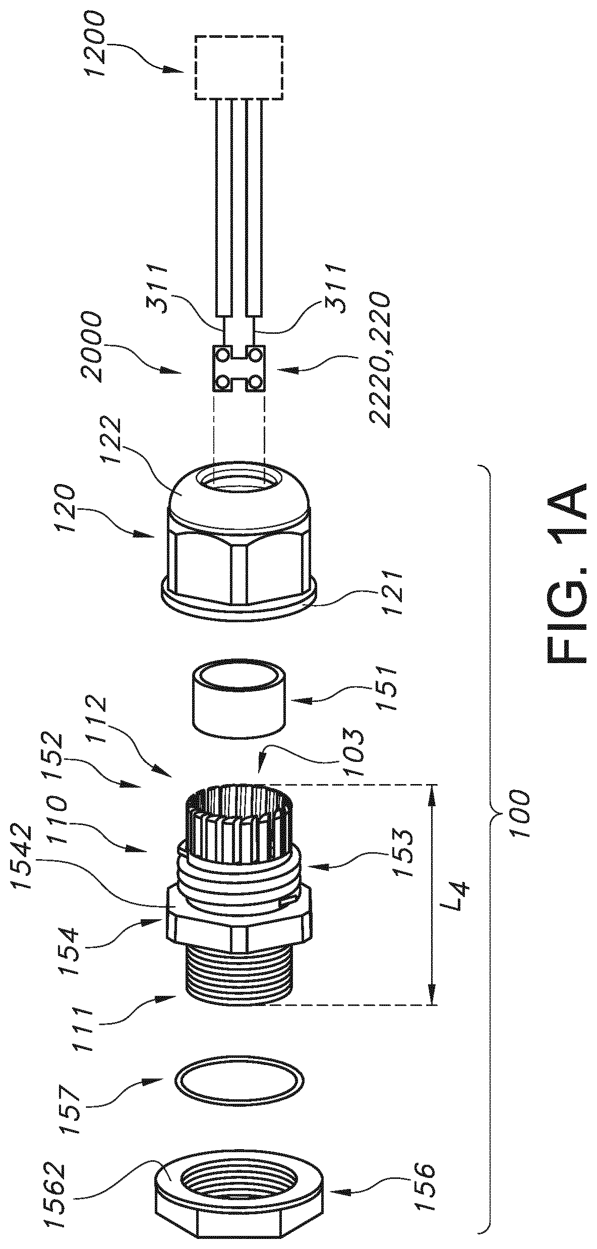 Kit of parts comprising a cable gland, a wire transport element and a housing, system made of such a kit, and method for functionally connecting the system