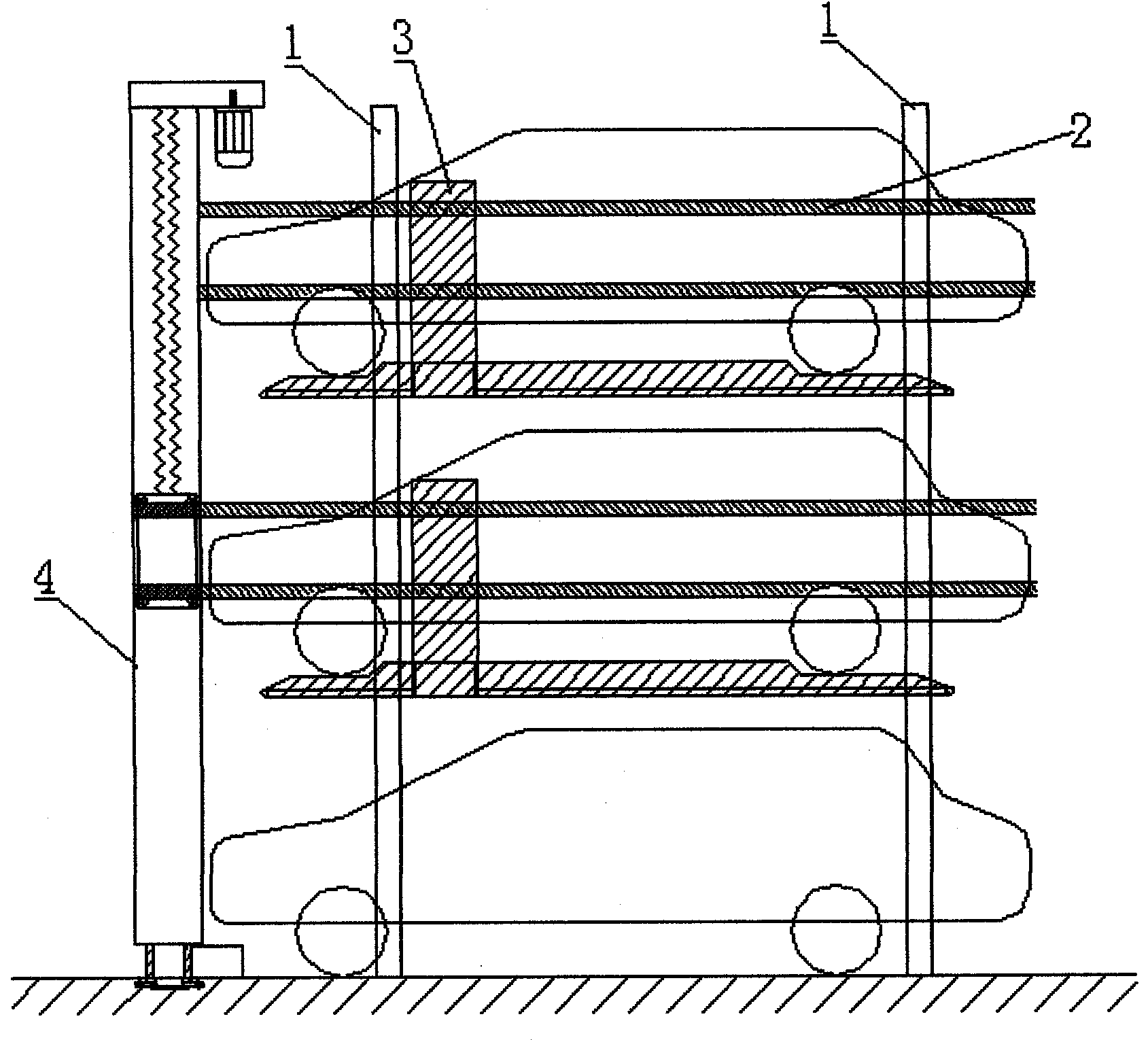 Step type parking device operating on upper track