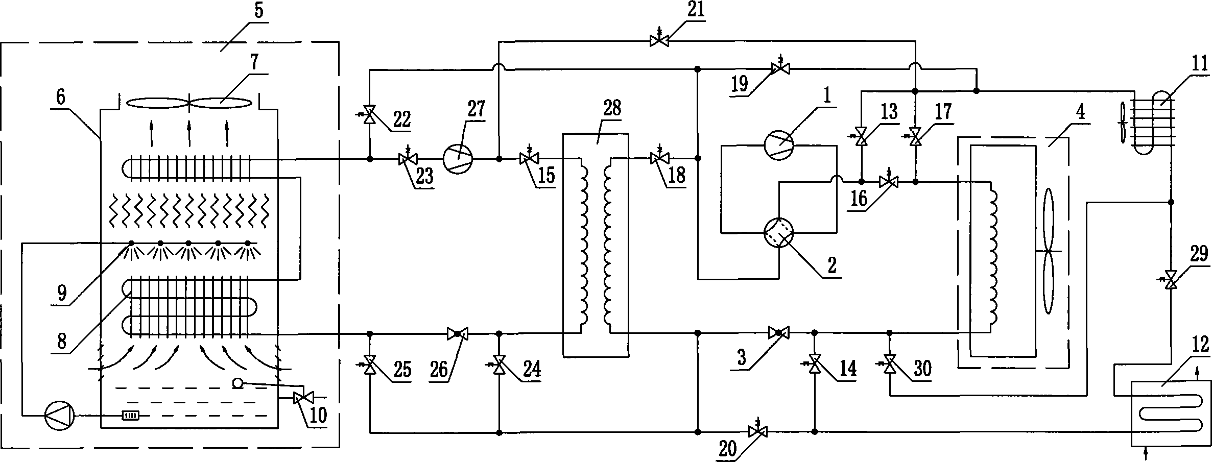 Highly effective heat pump air conditioner and hot water device suitable for wide temperature environment