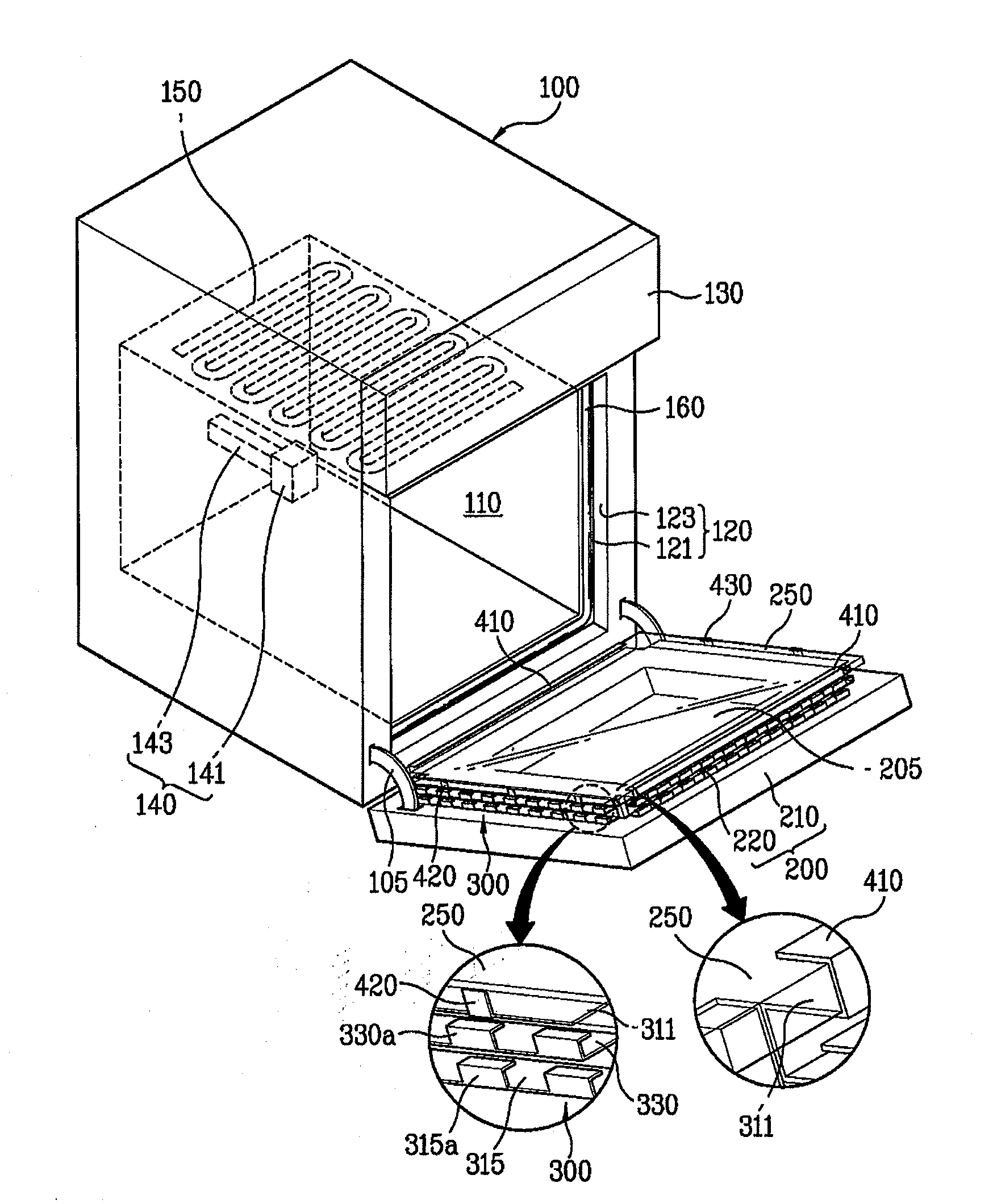 Oven and door assembly for oven