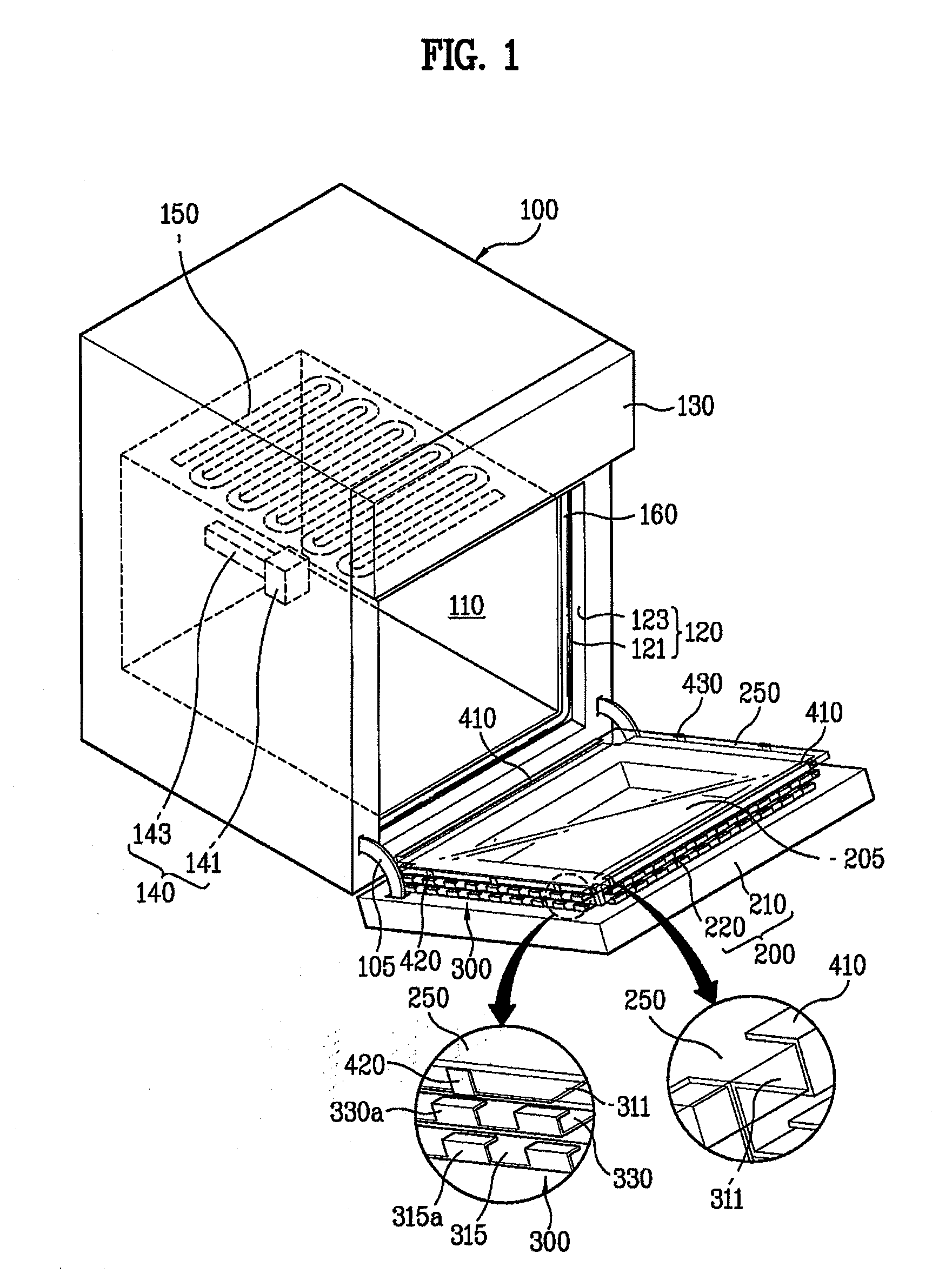 Oven and door assembly for oven