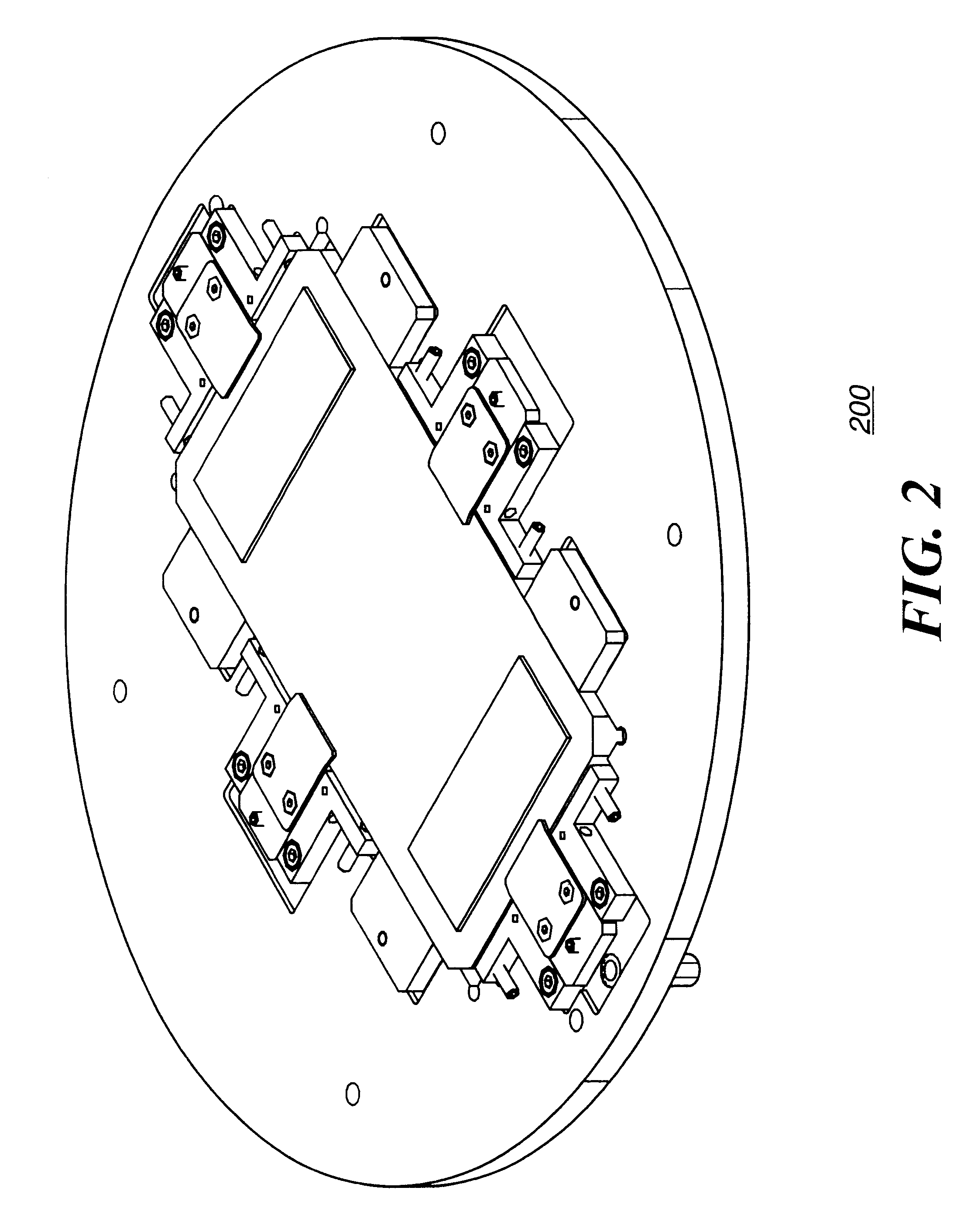 Mechanical fixture for holding electronic devices under test showing adjustments in multiple degrees of freedom