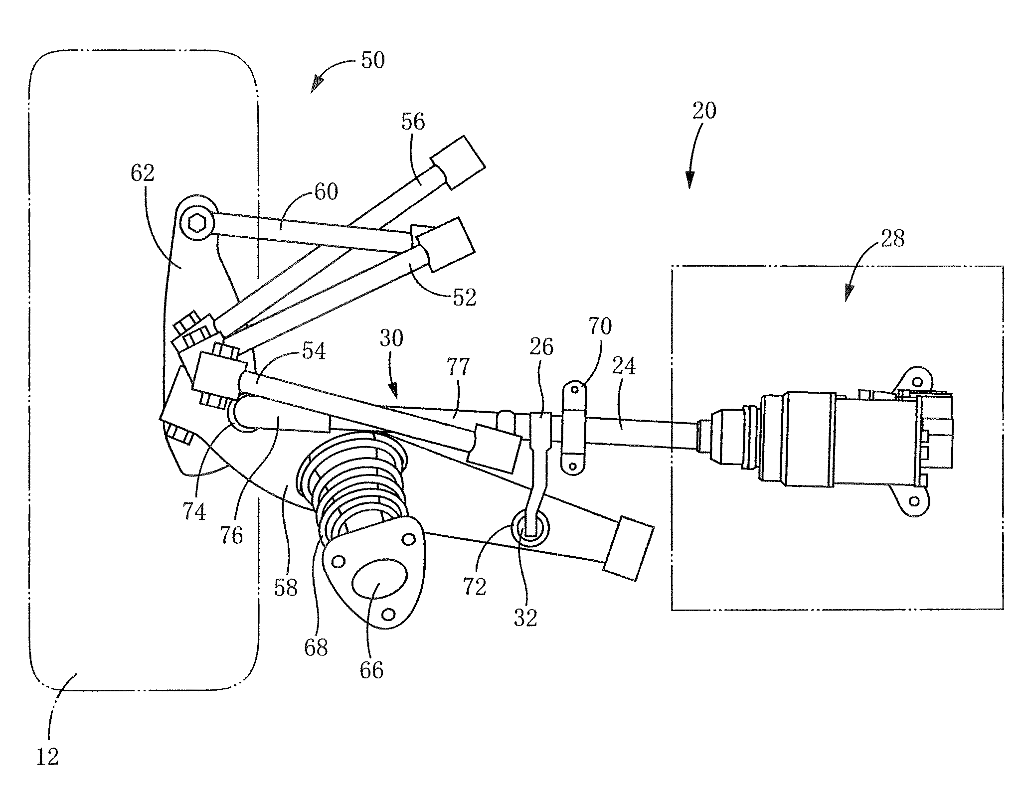 Device for changing distance between wheel and vehicle body, and system including the device