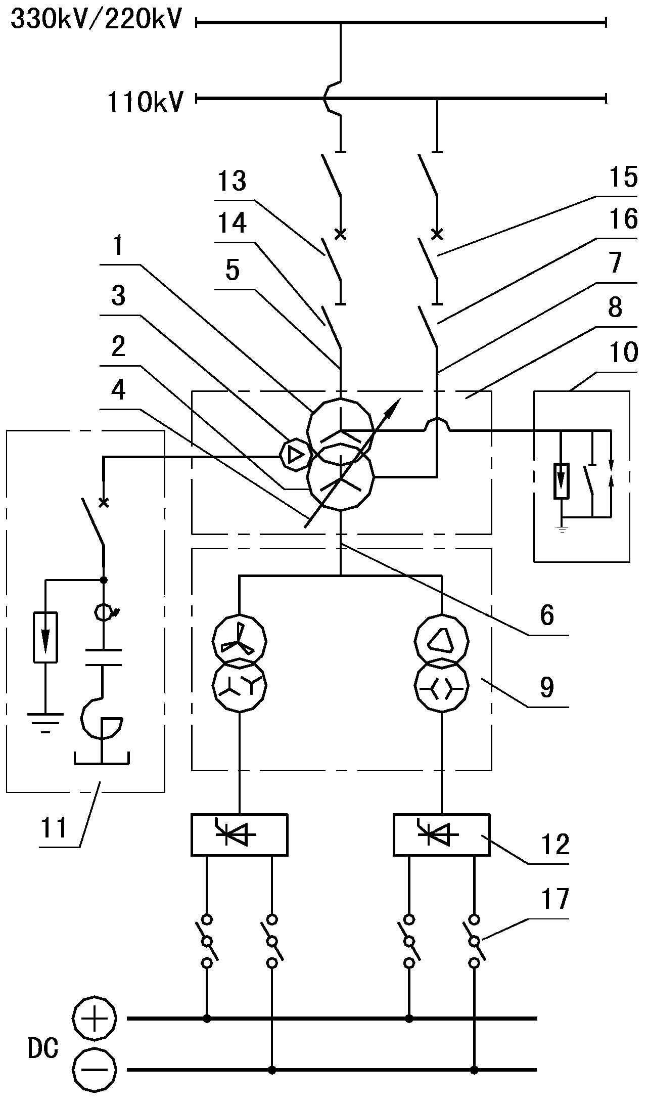 Double-power double-winding voltage-reduction two-time voltage-regulation rectifier transformer set suitable for different voltage levels