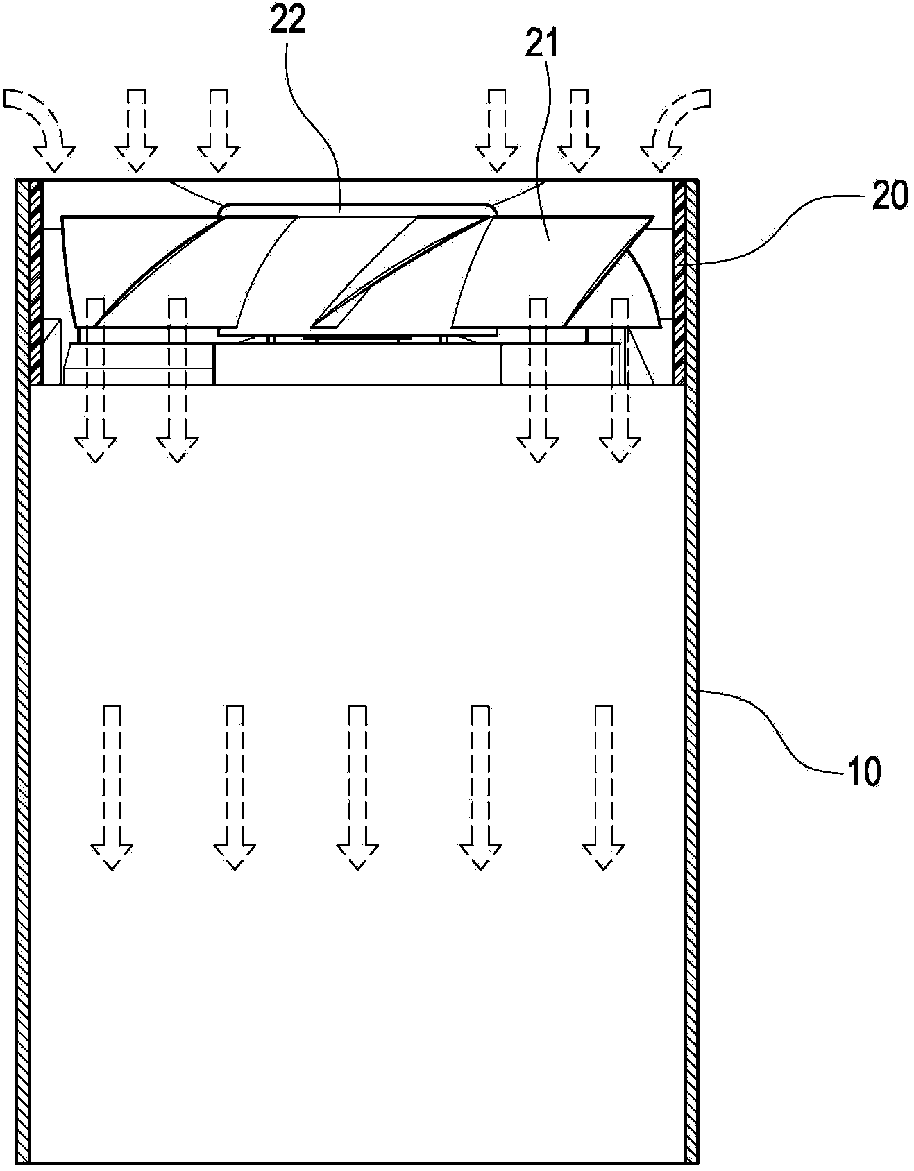 Centrifugal fan with axial flow wind direction