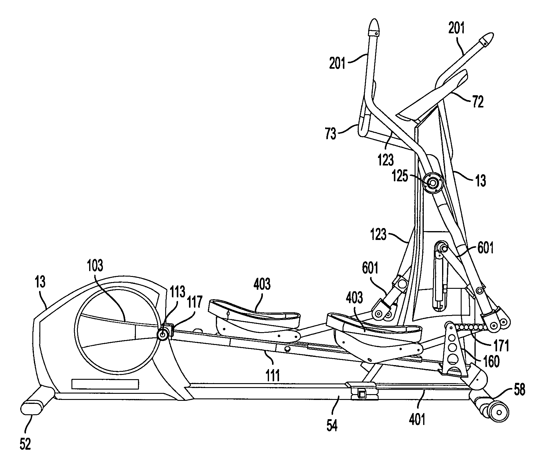 Adjustable stride elliptical motion exercise machine and associated methods