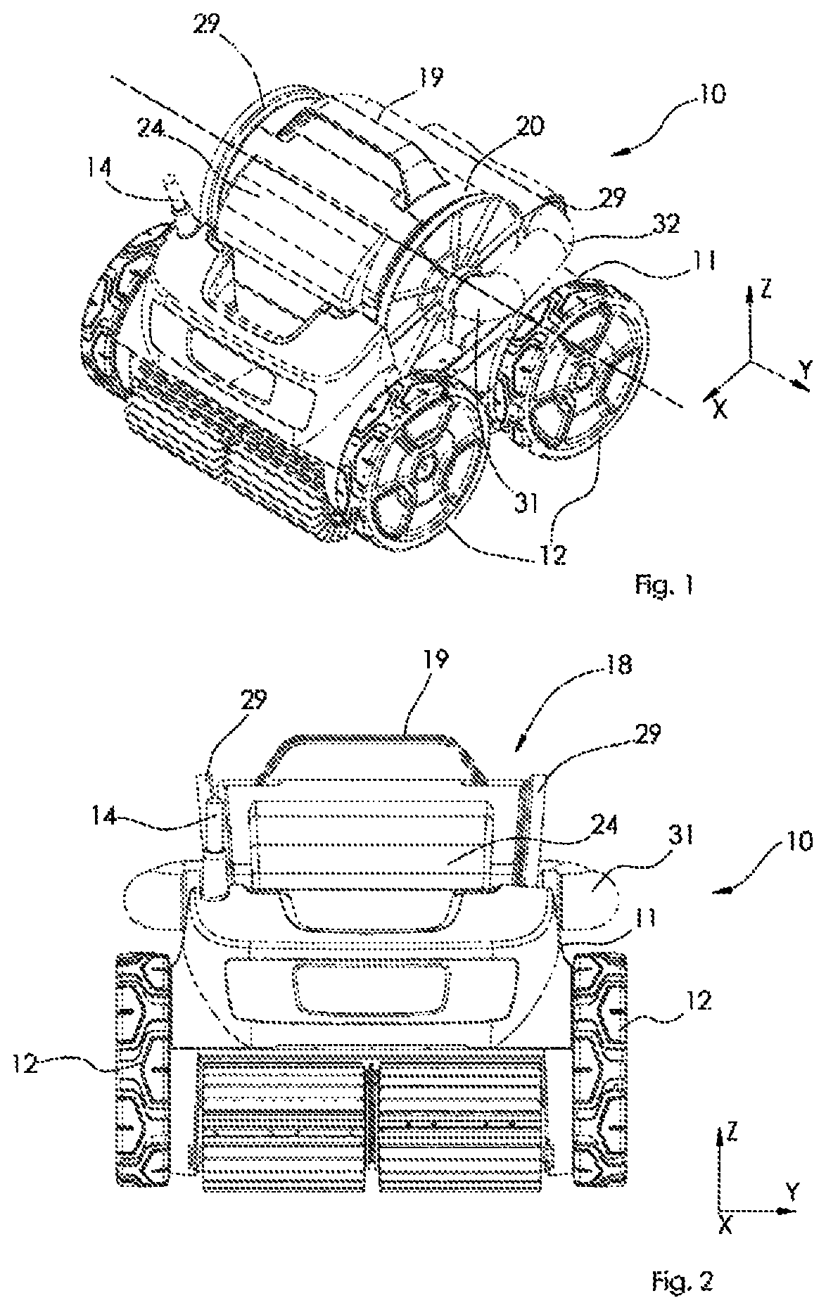 Swimming pool cleaning apparatus having a debris separation device operating by centrifugal spinning and filtration