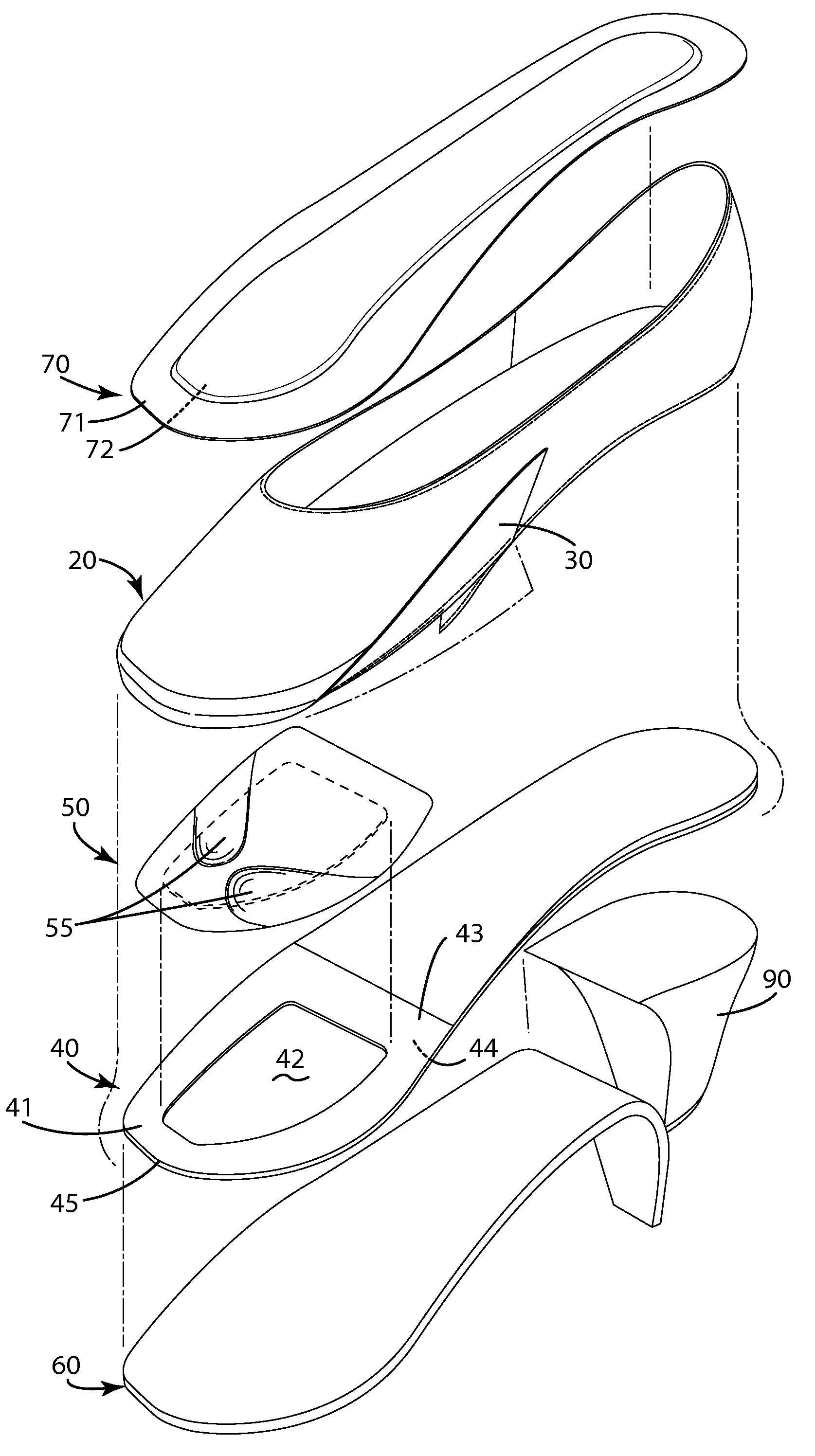 Platform footwear construction and related method