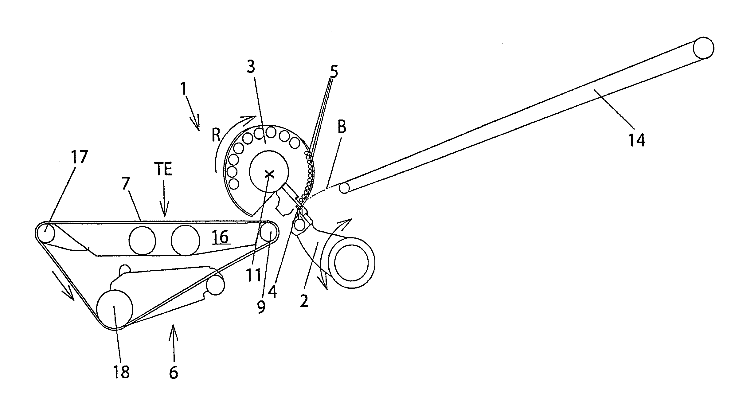 Apparatus and method for drawing in flat material pieces and in-register transportation of the flat material pieces